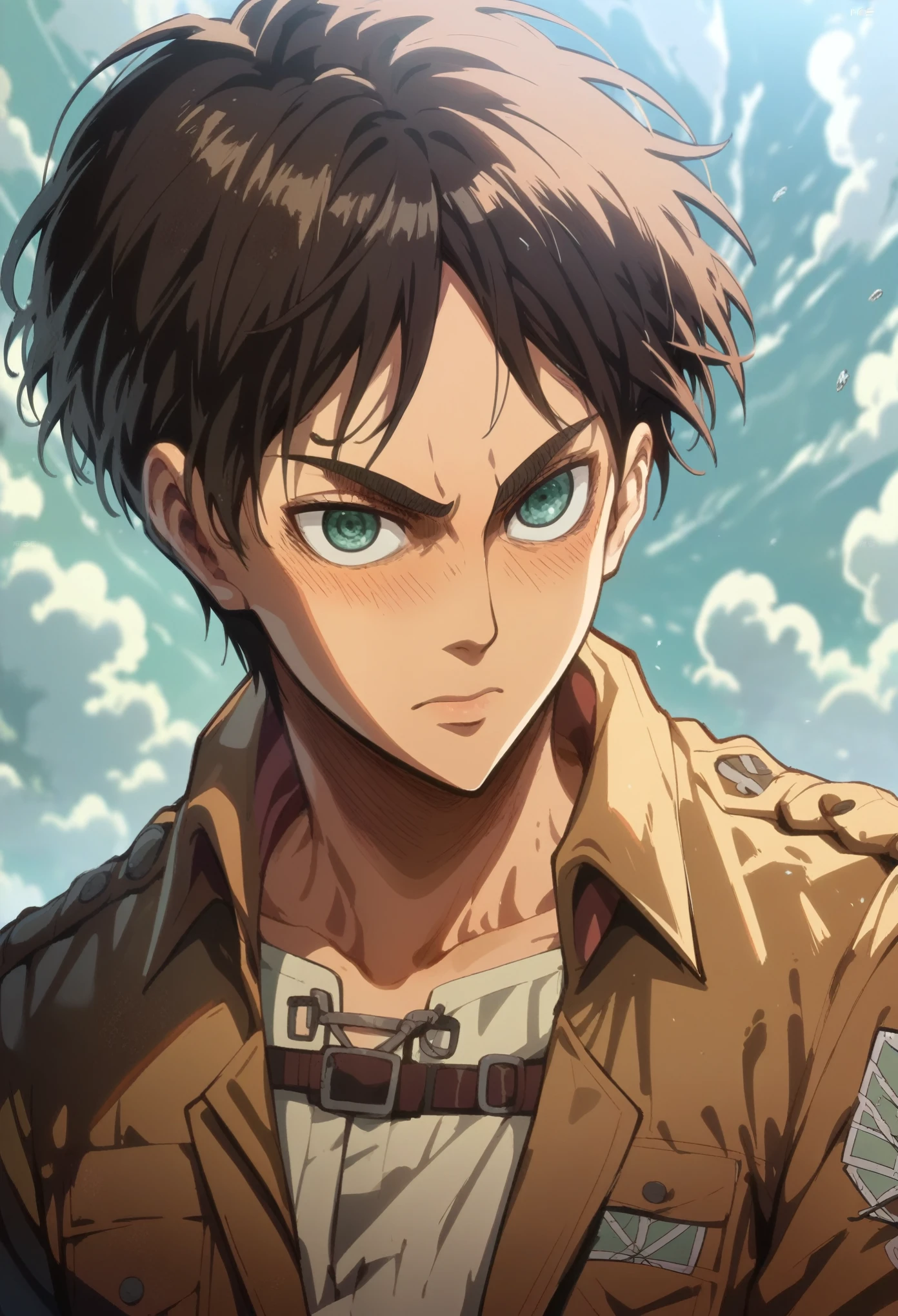 score_9, score_8_up, score_7_up,1 boy ,anime style,solo, eren yeager, sexy, badass, combat pose, shingeki no kyojin wall background, shingeki no kyojin unmilitary uniform, holding 2 shingeki no kyojin swods,shingeki no kyojin titans background