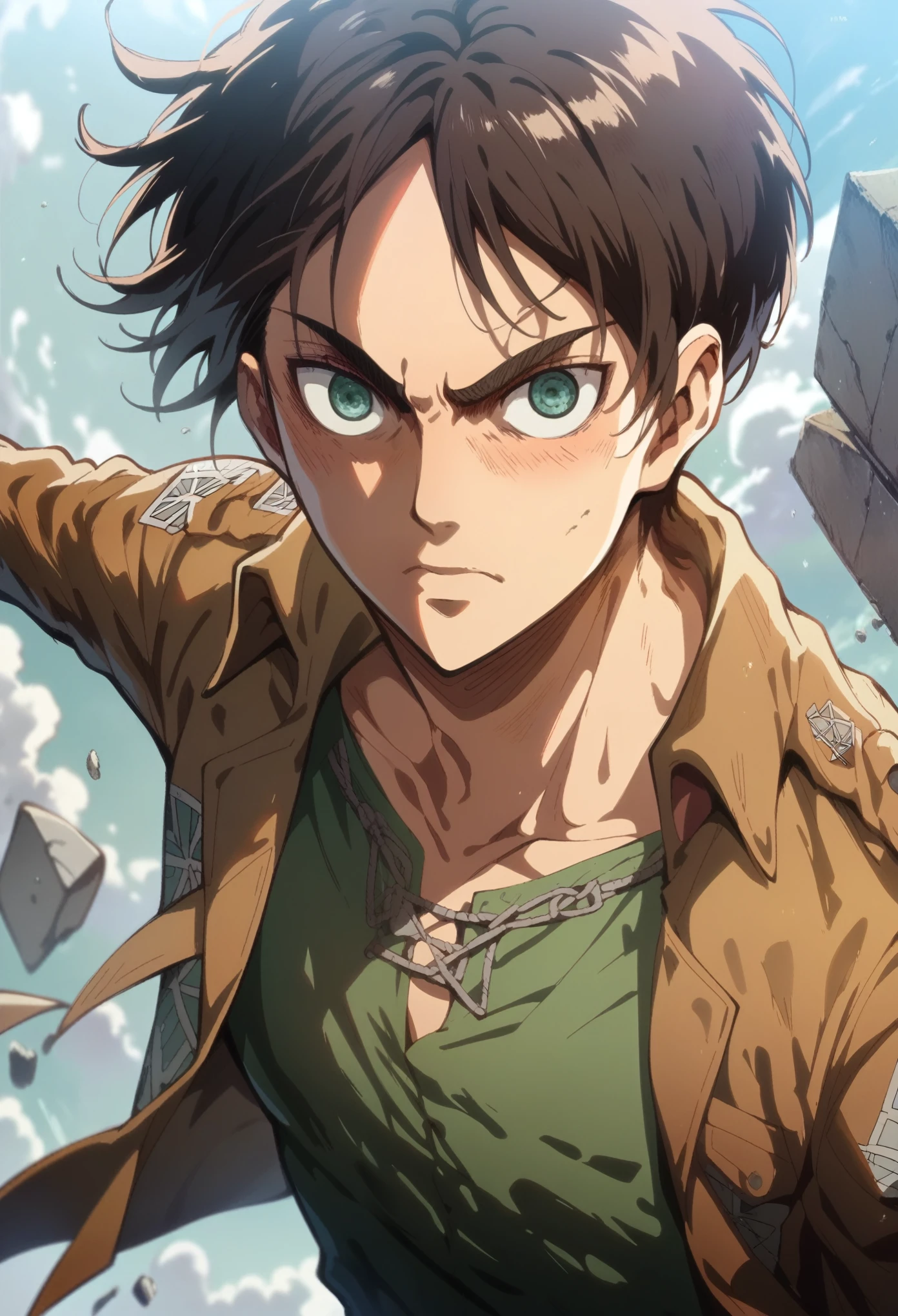 score_9, score_8_up, score_7_up,1 boy ,anime style,solo, eren yeager, sexy, badass, combat pose, shingeki no kyojin wall background, shingeki no kyojin unmilitary uniform, holding 2 shingeki no kyojin swods,shingeki no kyojin titans background