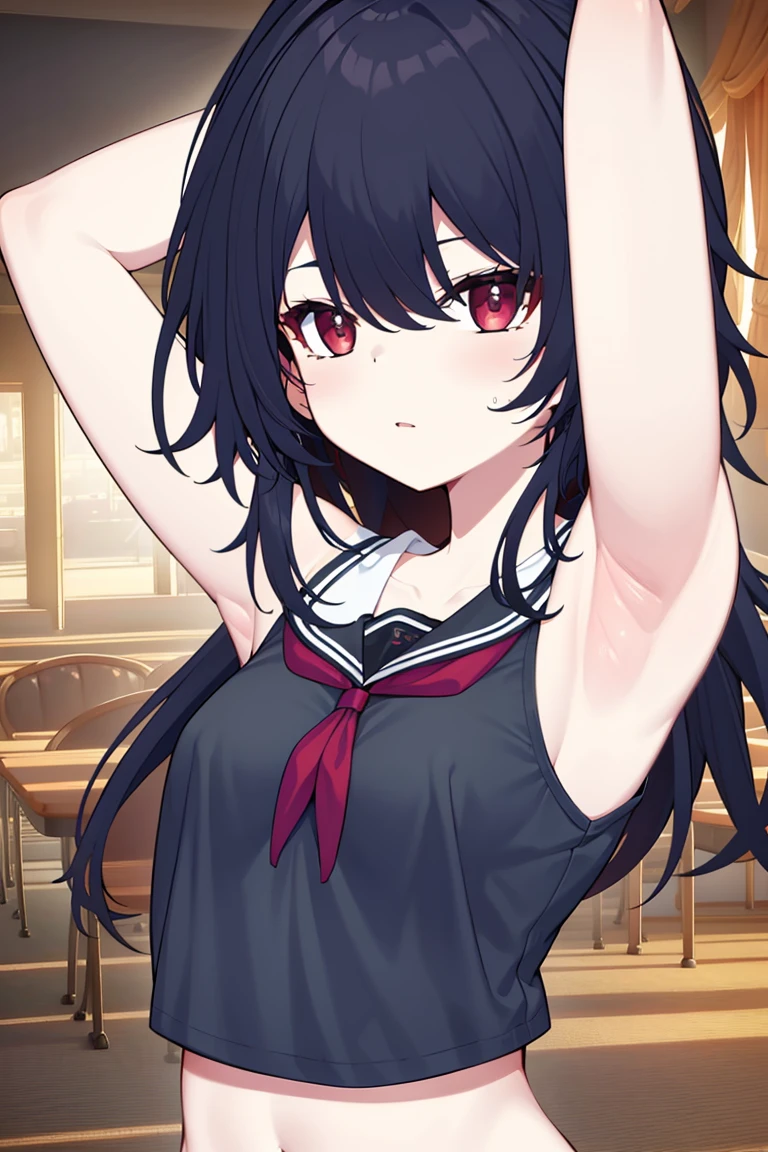 8k high resolution,detailded face,detailed bpdy,perfect body,ultra high quality,1 girl,sleeveless shirt,arms up,armpit, sweating