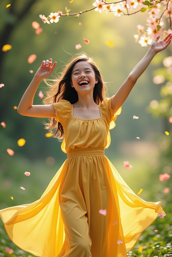 (Jumping pose, low angle view: 1.4), (full body photo: 1.4), RAW UHD portrait photo of a woman, (surprised face: 1.2) (Brown long hair: 1.0), (Small Breasts: 1.5), (excited expression: 1.4), (Small Yellow Dress), Background is Park, glossy Blue eyes with high detail, (perfect anatomy: 1.5), (afternoon time: 1.5), (bright light mood and tone: 1.5), (high light: 1.6).