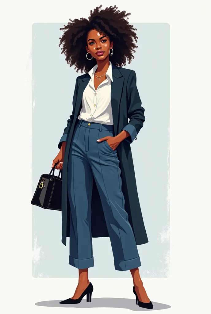 fashion sketch of a woman with black skin. white fitted blouse with matcha green detail on the shoulders and sleeves. Elegant matcha green shorts with leopard print belt. Navy blue synthetic jacket, short length and only the collar with leopard print.