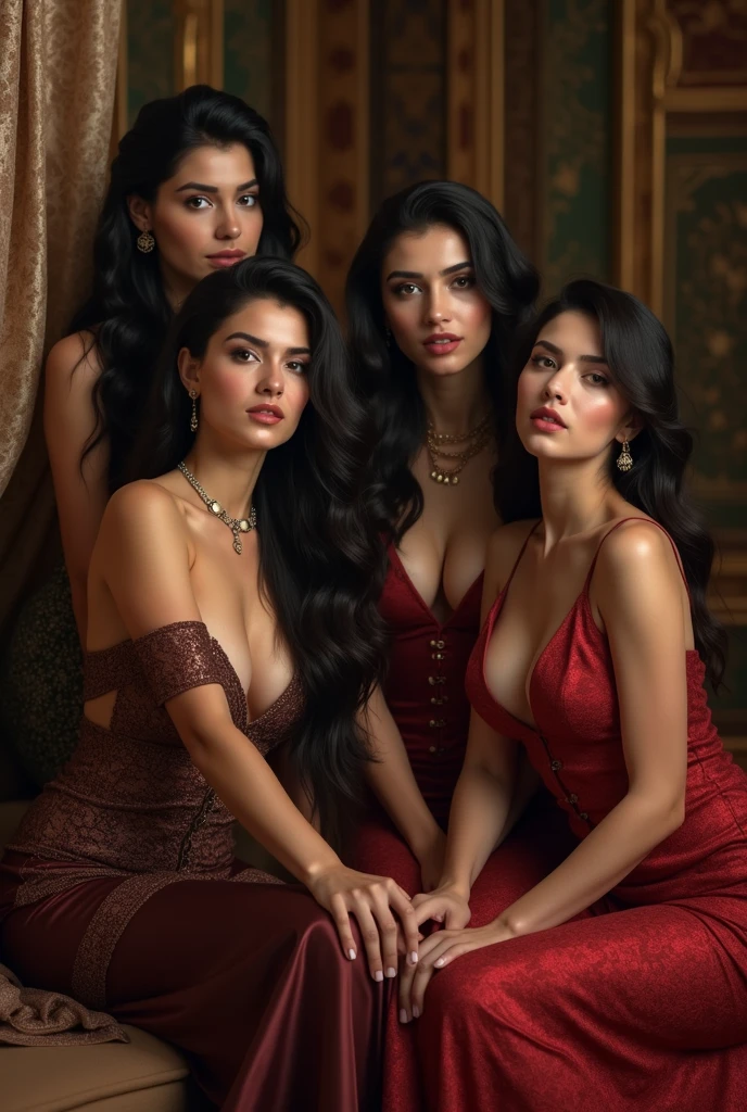 Eiza Gonzalez, pale skin, evil smile, large lips, black wavy hair, hot, thick brows, smokey eyes, sexy dress, magic, 20 years old, surrounded by her daughters, accessories, grinning, laughing, cunning