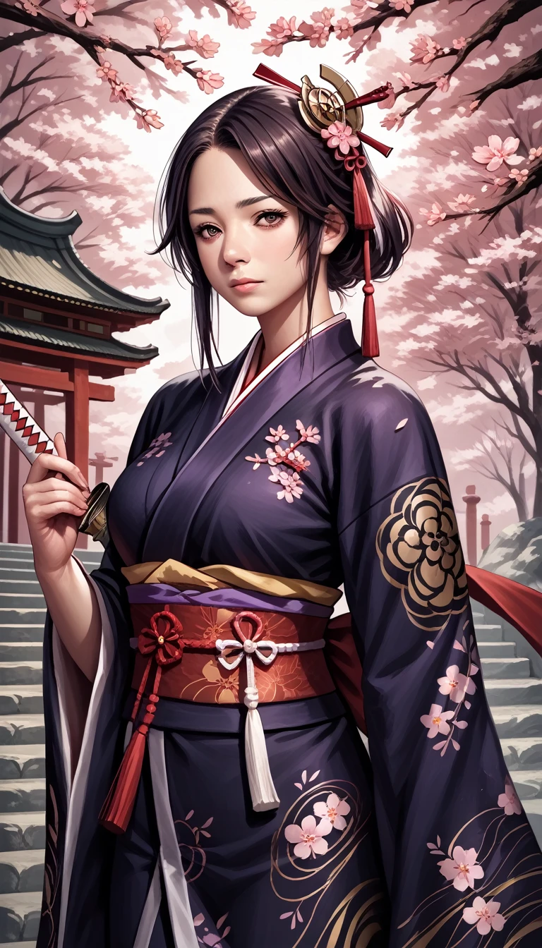 (Browsing Caution), (RAW Photos), (Realistic), (Photorealistic), Ultra-high resolution, masterpiece, Highest quality, Portraiture, facial Portraiture, Perfect lighting, Detailed lighting, Dramatic Shadows, Ray Tracing, Pure Eros Face_v1, Urzan-6500-v1.1, ((smile)), ((upper body:1.2)), ((random sexy pose)), looking at viewer, ((wearing a kimono)), ((bare shoulders:1.5)), ((holding a Japanese sword:1.2)), ((in old Japanese street)), ((night)), ((background with Cherry blossoms:1.2)), ((Cherry blossom blizzard:1.2)),