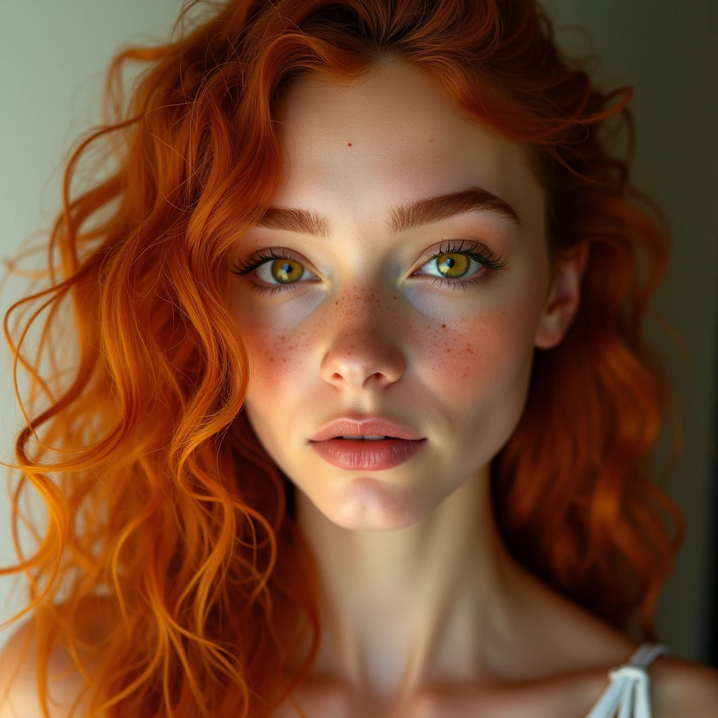 "same face, Ultra-realistic, whole body, ultra curly red hair, greeneyes, detailed facial features, swirly vibrant colors, high resolution masterpiece, professional lighting, lying down focusing on big breasts , realistic texture, polished tanned white skin, sultry posing, captivating expression, ultra freckled face, holds black socks,"