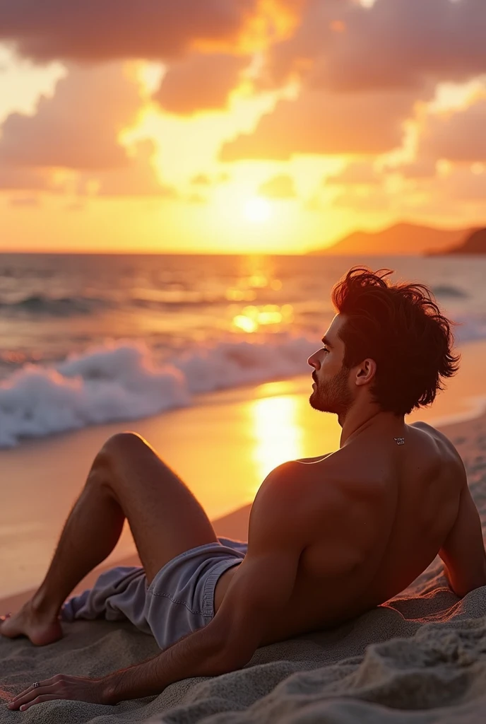 Messi is laying in a beautiful sea beach in time of sunset