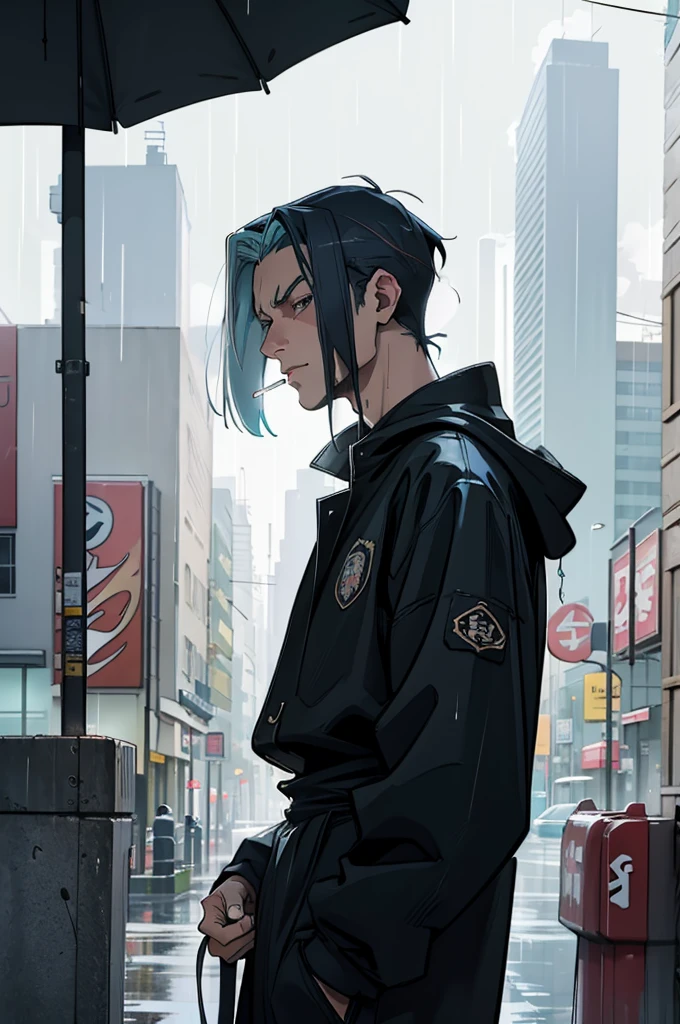 Anime guy standing in the rain smoking, There are drops of pop art on his face, still from anime, portraite of a, Hand holding cigarette, Eyes look into the distance, profile, waist up portrait, dark colored hair, sadly, Partial Color Saturation, City Street, urban style