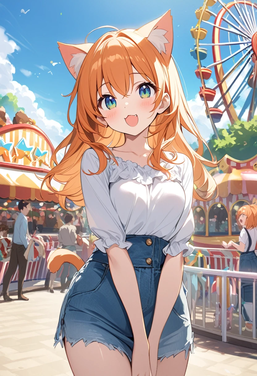 Young girl、Very cute、small、Firm breasts、Denim skirt、Orange Hair、High Quality Backgrounds、amusement park、Cheerful attitude、cat ears、cat&#39;S-tail、An innocent smile