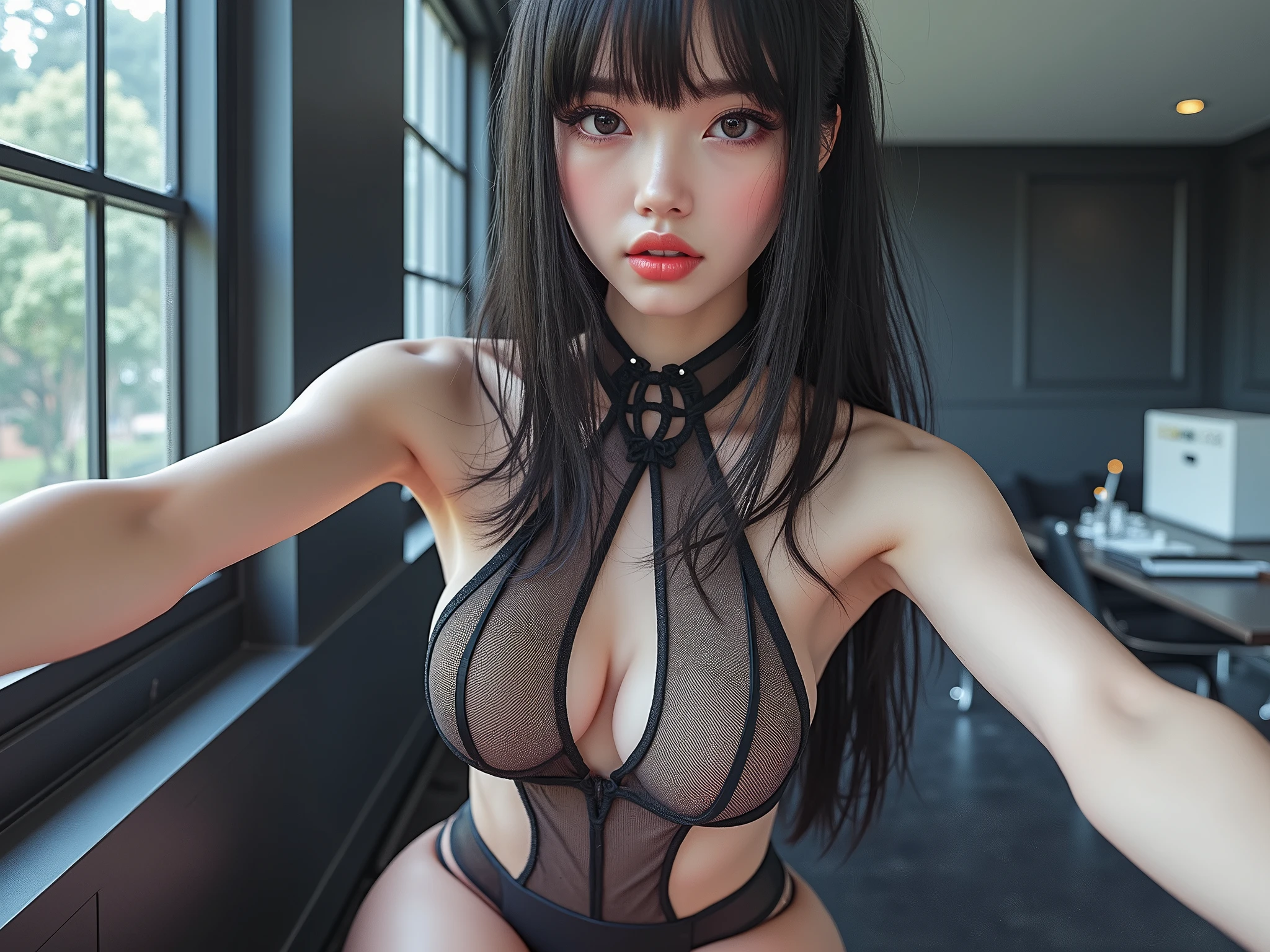 side pose, Random posture, Night time, (extremely delicate and beautiful work), Taiwanese girl photo, Cute, ((Kpop Idol)), (aegyo sal:1.27), pale skin, (Black High Leg Cut(one shoulder))chest cutout)body suit, Highly detailed, (short twintails), enticing expression, Beautiful clear brown eyes, natural(Large breasts:1.475), (((Puffy eyes))), delicate necklaces & earrings, extreme detail description, Beautiful delicate oval face, Delicate figure, thin clavicle, Lovely lips, {Smiling:0.75}, soft behind, (Camel toe, Cameltoe, dark areolas, Chaubourba, Barrebulba, vulvashaped:1.35)), mix4, (NSFW), (64k uhd, Raw photo, Best Quality, masutepiece: 1.45), (Realistic, Photorealsitic:1.37), Cityscape, outdoor enchanting background, Professional Lighting, Photon mapping, Radio City, Physically-based rendering,