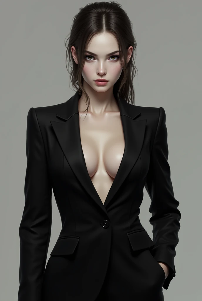 1 women, wear blindfold, tape gag, blazer, bra, long pant, handcuffs,