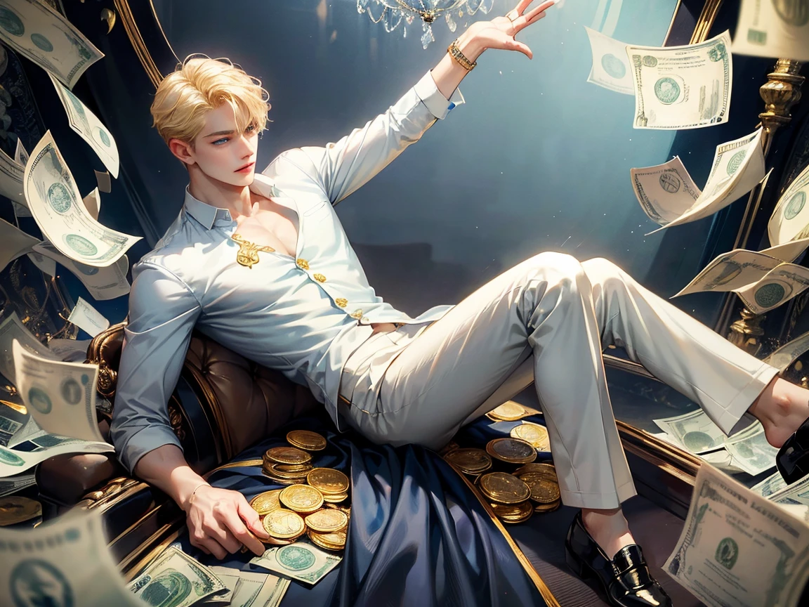 A man sits on a throne made of paper money、suit、crown、Large Gemstone Necklace、Rings on every finger、With a smile、Surrounded by piles of banknotes、With an ecstatic look、Detailed and intricate facial features、Very detailed、8K、Photorealistic、Hyperrealistic、Super detailed、Cinematic lighting、Dramatic Shadows、Bright colors、Lush green environment、Spectacular Scene、masterpiece