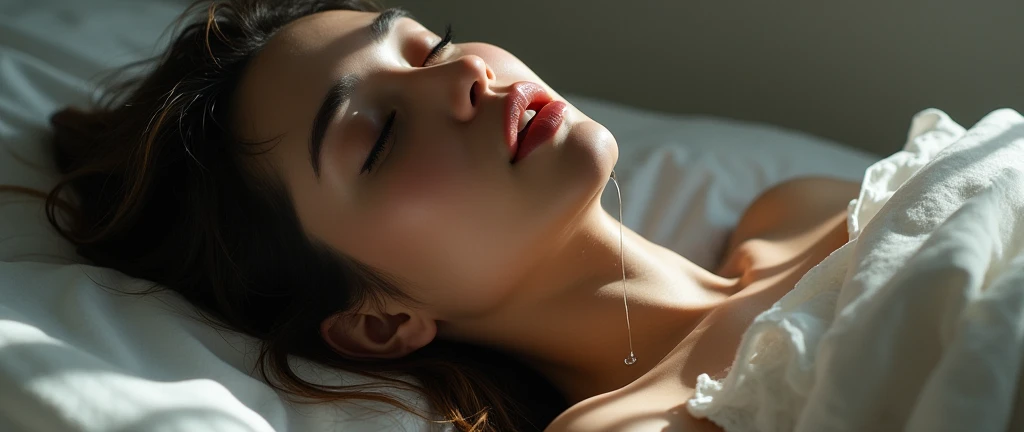 A life-sized demon hand slowly descending toward a female navel on a slim naked sweaty female body on a bed. The hand should be highly detailed and realistic, with its demon scales and delicate body clearly visible. The female navel should be in focus, with sharp details such as the navel and the texture of the stomach. The scene should convey a sense of closeness and tension, capturing the moment as the demon hand approaches the navel. She is naked, sweaty. busty boobs, slim waist. Zoomed out shot. Full body view, sweaty body, pubic hair, highly realistic, high details, high details