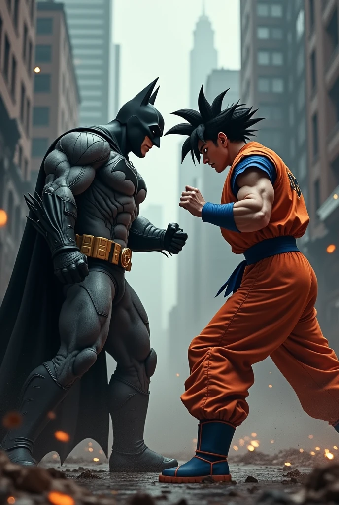 Goku and Batman fighting each other realistic
