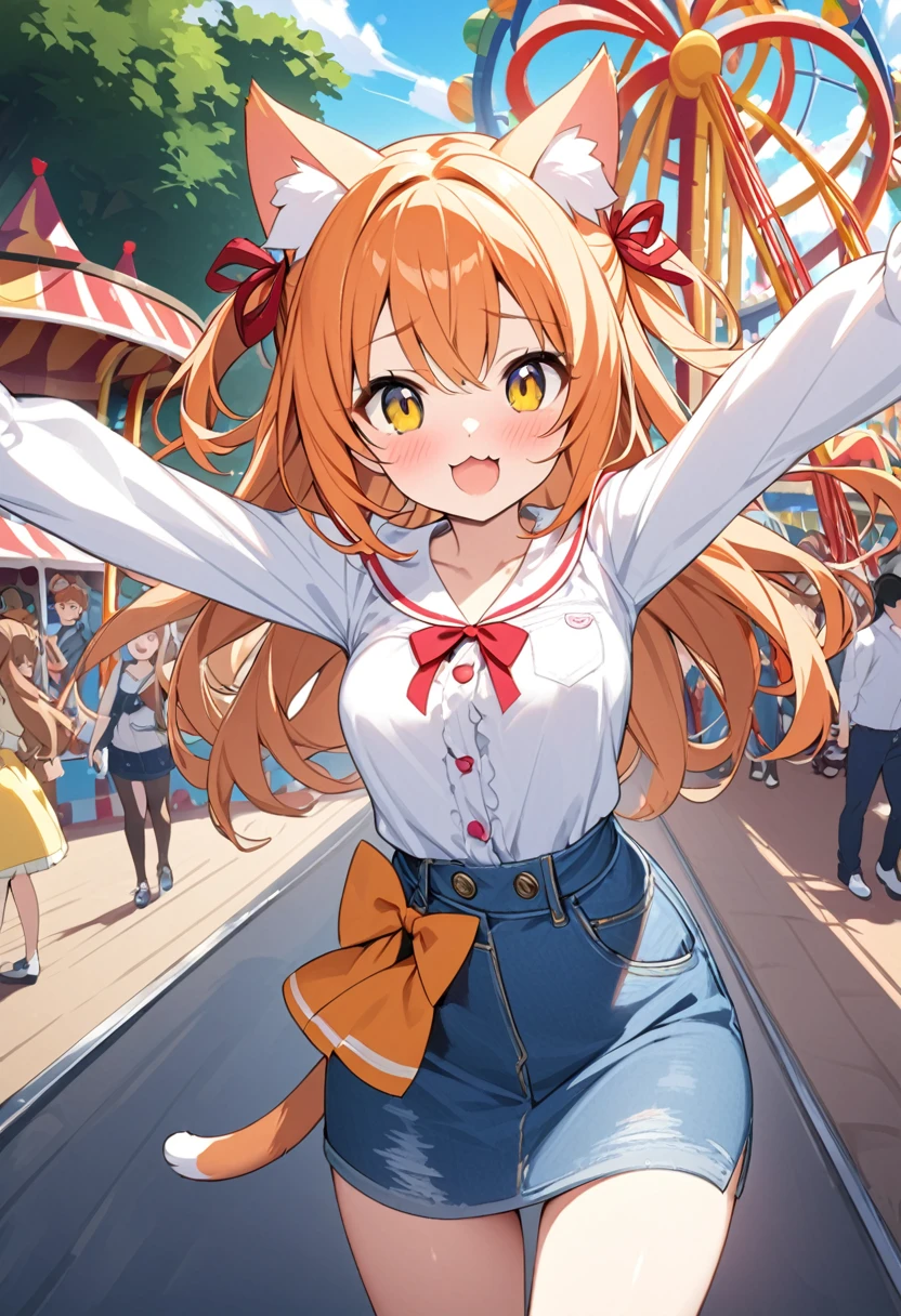 Viewer discretion advised、Young girl、Very cute、small、Firm breasts、Denim skirt、Orange Hair、High Quality Backgrounds、amusement park、Cheerful attitude、cat ears、cat&#39;S-tail、An innocent smile、One Girl、One Man、Raise your arms、 (groping, nipple tweak:1.2), nipples、deep kiss