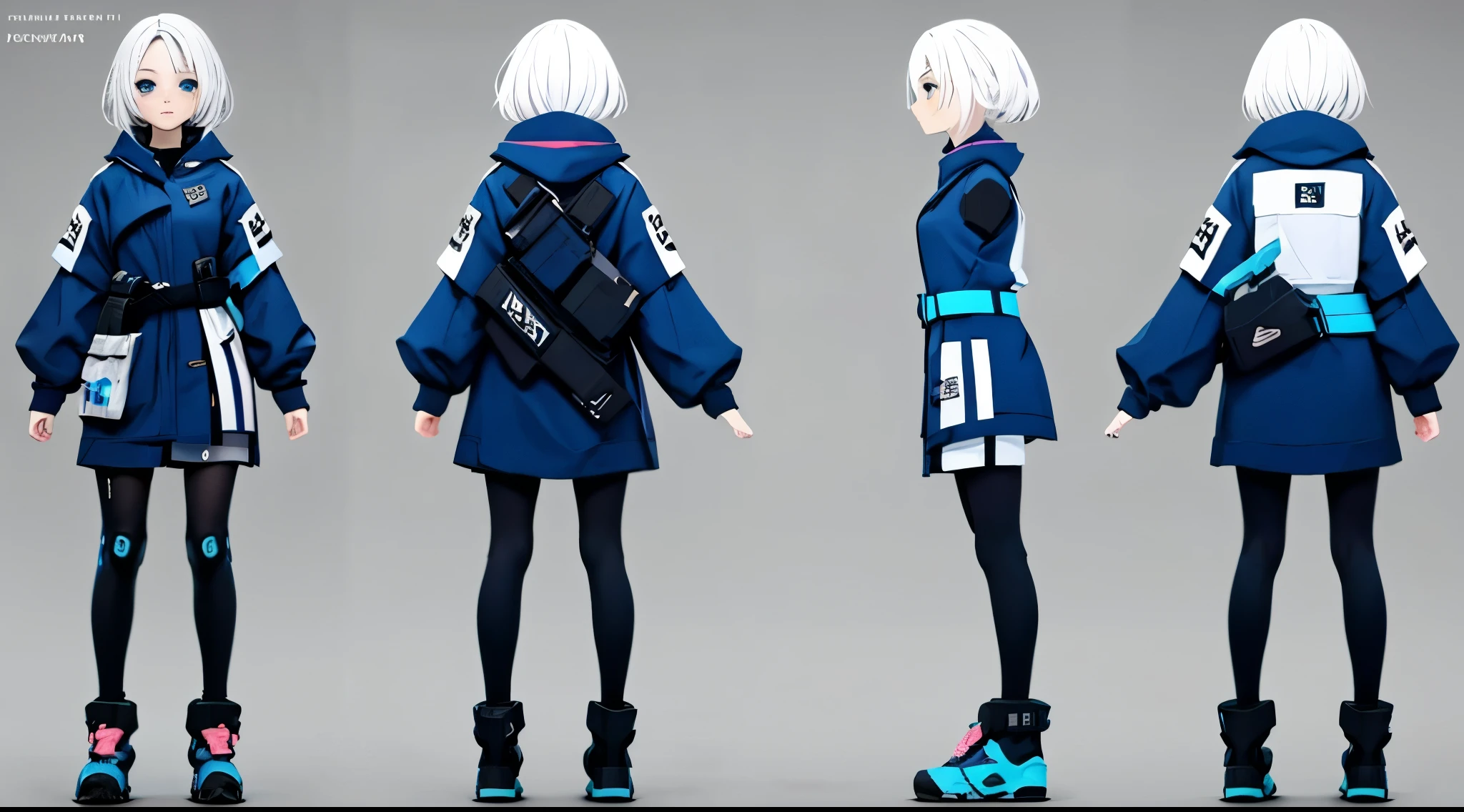 (masterpiece, best quality) detailed, girl, cyberpunk, white hair, blue eyes, A dazed expression, Kawaii, drawing reference, reference, Line art, Color drawing (Character Design Sheet, Same role, whole body, 3 Views, front facing, side, retreat)、Ninja and Techwear Outfits、character T-pose