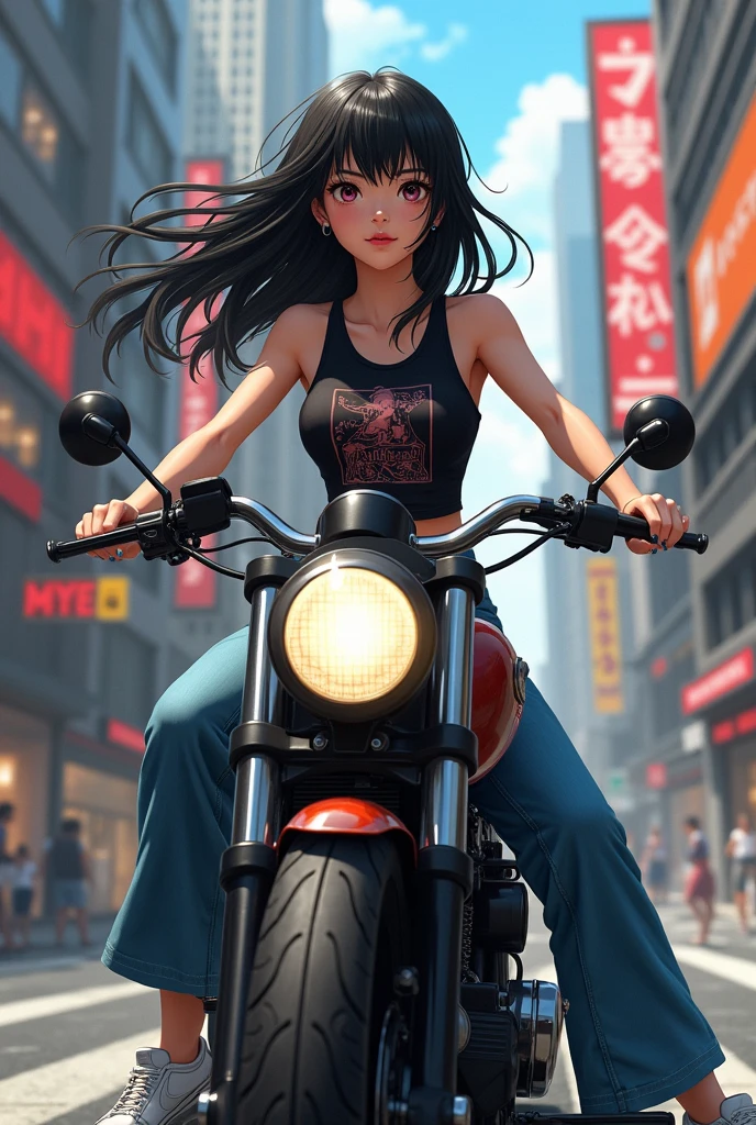 Young woman , white , turned body , Bblack hair , expressive eyes , jeans mounted on a huge motorcycle in the city