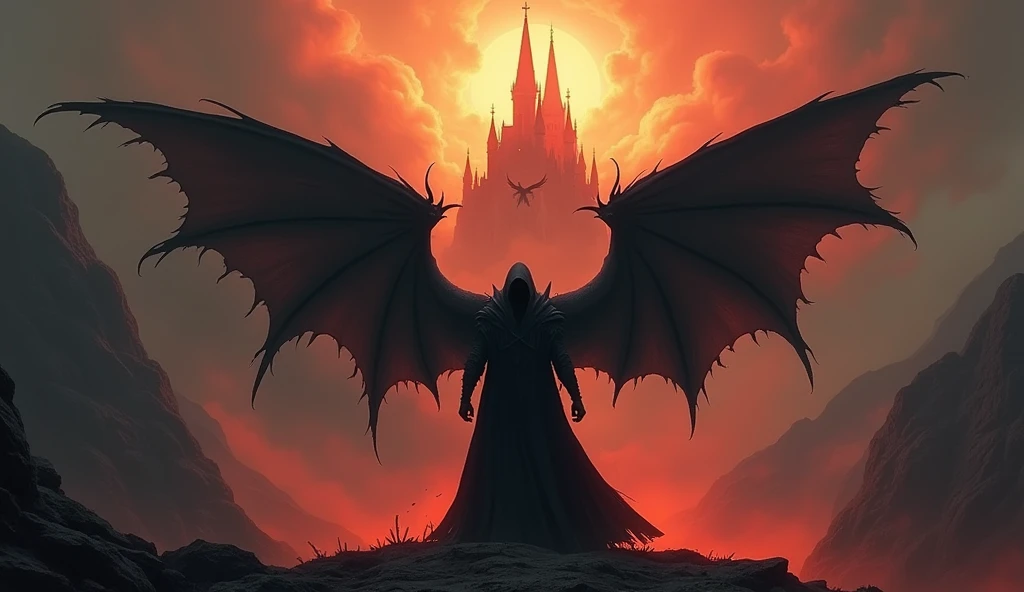 digital painting by rutkowski a horned demon with white angle wings floating between heaven and hell