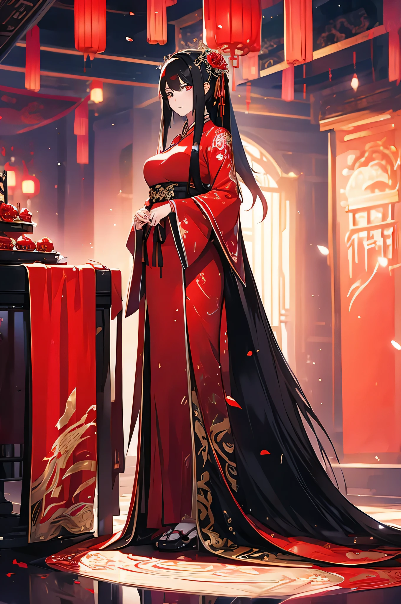 a beautiful anime girl with black long hair, extremely detailed eyes and face, slender figure, wearing a red Chinese wedding dress,in wedding