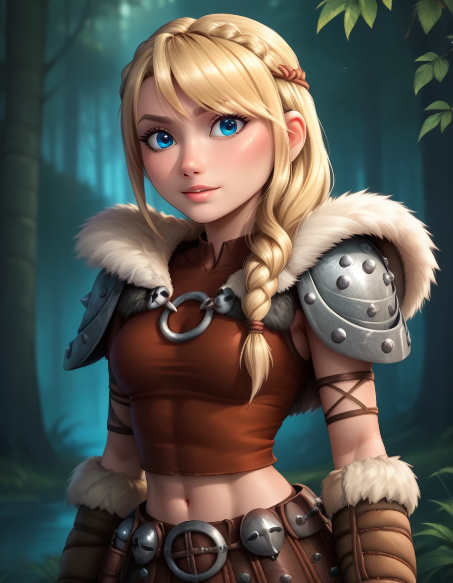 score_9, score_8_up, BREAK, ASTRIDHOFFERSON, 1girl, solo, blonde hair, braid, Long hair, blue eyes, fur trim, shoulder armor, armor, pauldron, depth of field, forest, exposed midriff, 