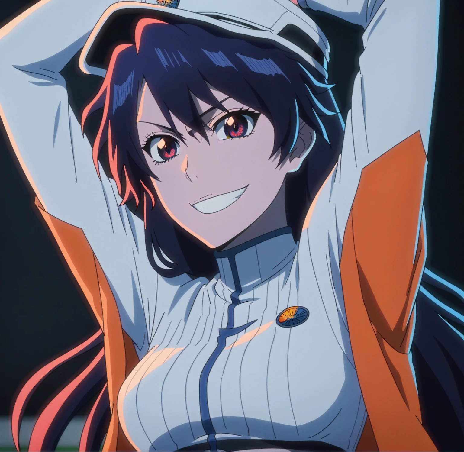 score_9, score_8_up, score_7_up, source_anime, anime screencap, black background, 1girl, solo, bambietta, long hair, medium breasts, blue jacket, ribbed sweater, ribbed, blue/orange jacket, black crop-top, midriff, looking at viewer, eye contact with viewer, smile, armpits, teku, teku logo, racing suit, white stripes