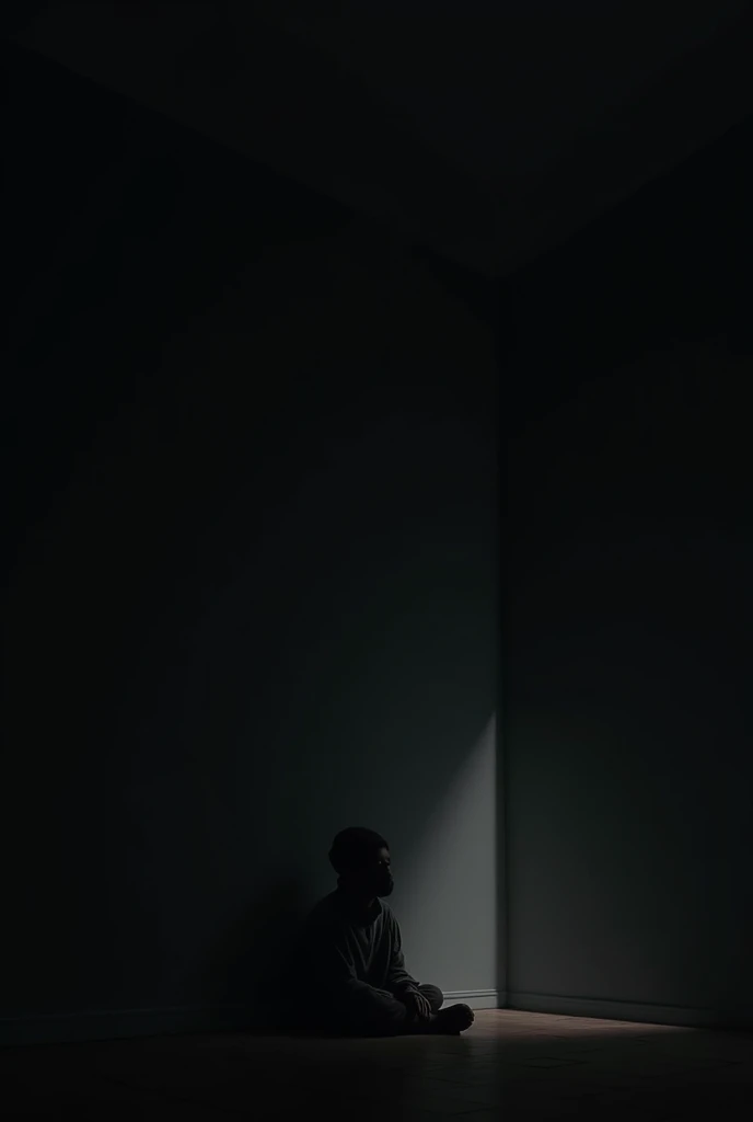 Silhouette of a person sitting on the floor in a corner of a dark room ...