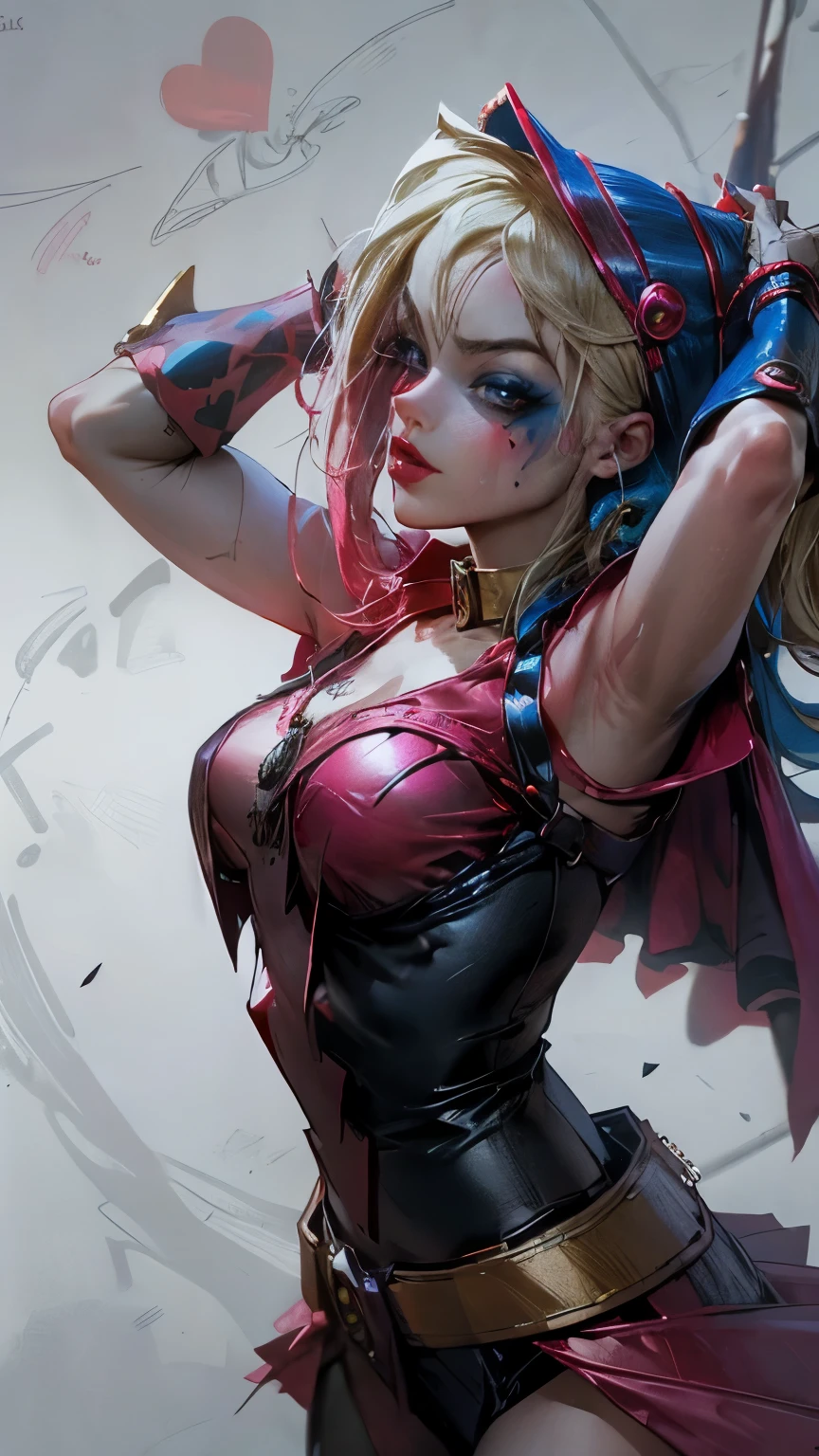 Dark magician Gils dressed as Harley Quinn. She has blonde and black hair. blue eyes. red lips. Dark magician girl is dressed as Harley Quinn. Sensual and innocent pose. Circus and magic background.