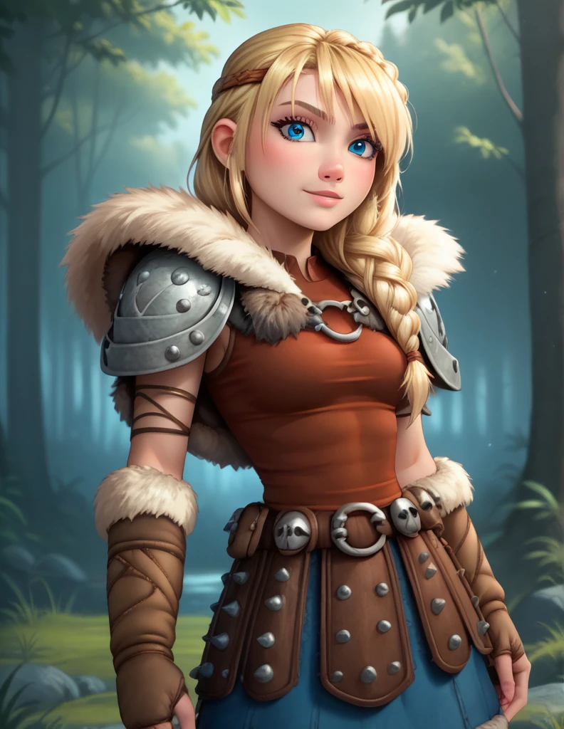 score_9, score_8_up, BREAK, ASTRIDHOFFERSON, 1girl, solo, blonde hair, braid, Long hair, blue eyes, fur trim, shoulder armor, armor, pauldron, depth of field, forest, exposed upper and midriff, full body, exposed upper leg