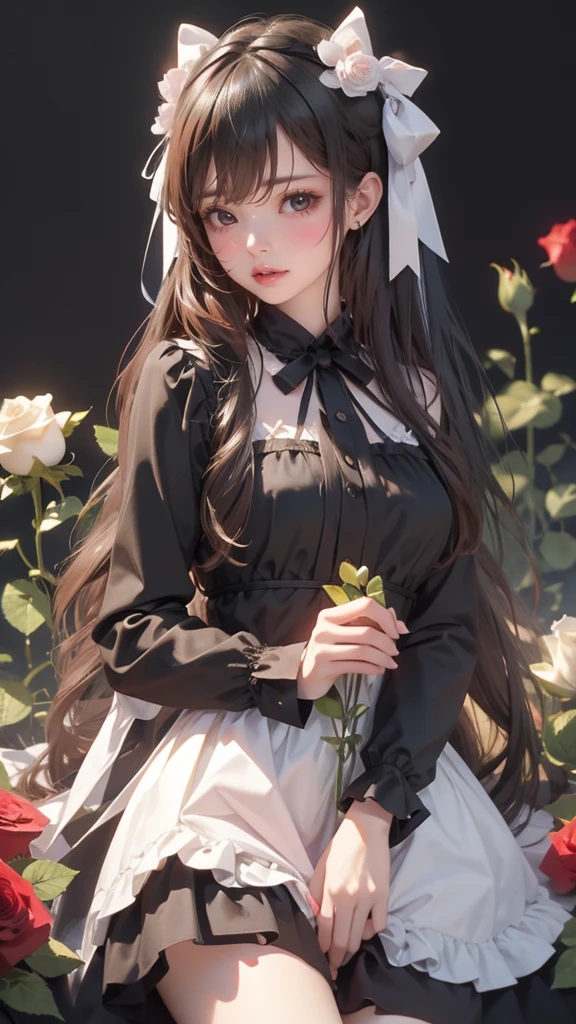 Rukia Kuchiki_(Bleach), ornament hair, black hair, long hair, 1 girl, Looking at the viewer, flowing hair, Beautiful Eyes, laying down on the floor, Plump and glossy lips, maid, maid dress, maid headdress , maid apron, white apron, white headdress, maid dress with too many frills, black maid dress, gold laces, black Short skirt, Drape clothes, red gem, Lace trim, traditional japanese style, oriental architecture, lux garden, garden scene, laying down on the grass, luxury gold details, gold jewelry, more details, best quality, Big sparkling eyes, blushing, Striped Lace Stockings, black Lolita skirt, sparkle, laying down on the floor, solo, centered girl, cowboy shot, perfectly body, perfectly hands, two arms, two legs, two hands, five fingers, perfect anatomy, glowing hair, red roses, 1girl, dress, solo, flowing hair, floating hair, ornament hair, perfectly body, perfectly hands, laying down on the grass, sparkles, garden scenery, more details on her clothes, dress with transparency, golden details on her dress, night, holding a white katana, Best quality, cleavage, small skirt, full Body, two arms, two legs, two hands, five fingers, ((4k, masterpiece, top-quality)), 8k, best quality, high resolution, UHD, (illustration:0.8), super cute girl, delicate and beautiful face, mature girl, super cute hairstyle, (beautiful detailed eyes:1.6), extremely detailed face, perfect lighting, extremely detailed CG, (perfect hands, perfect anatomy)