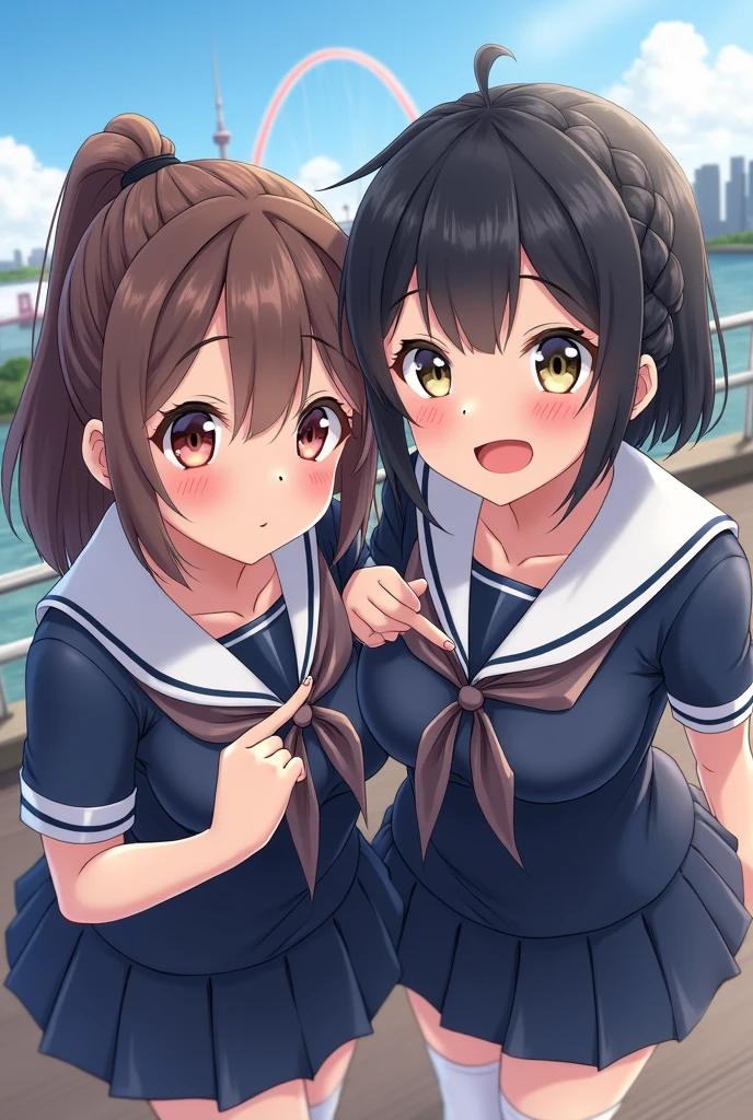highest quality、High resolution、Detailed Background、(Beautiful face in every detail:1.4)、Anatomically correct、age beauty、Cute color hair color、Braided Ponytail、Braided bob cut、well-groomed eyebrows、Dark colored sailor suit、White sailor collar、Pleated skirt、White Stockings、In a joking manner、A big smile、Do cute things、School trip、You can also take photos with famous landmarks and symbols of your travel destinations.、(Three beautiful girls taking a selfie with the world's most famous tourist spots in the background:1.5)