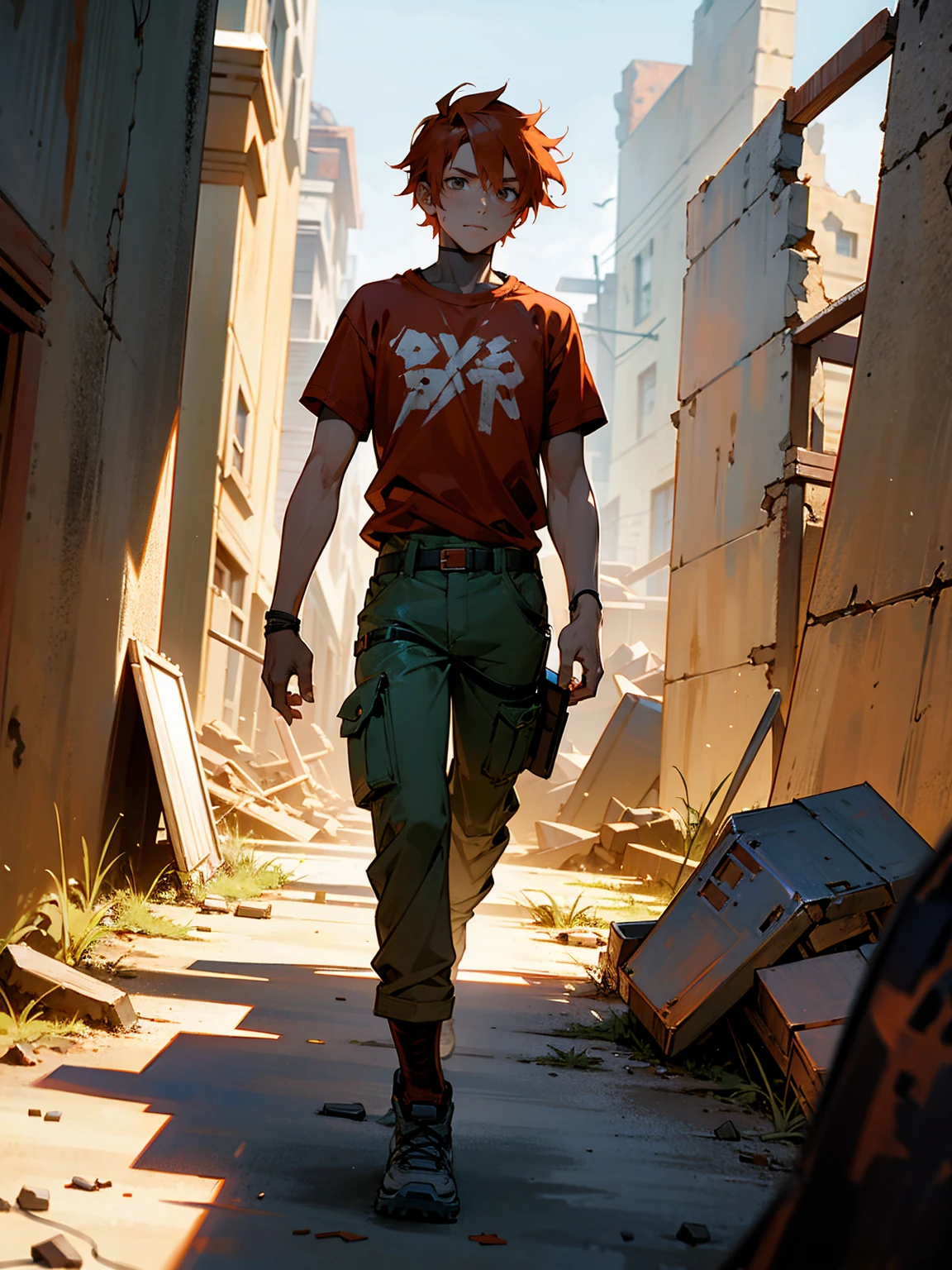 1male, adult, finely detailed orange eyes, wild short hair, peach hair, poor clothing, tied around waist, baggy pants, standing on ruined building, night time, somber expression, muscular, goggles, dirty, scars