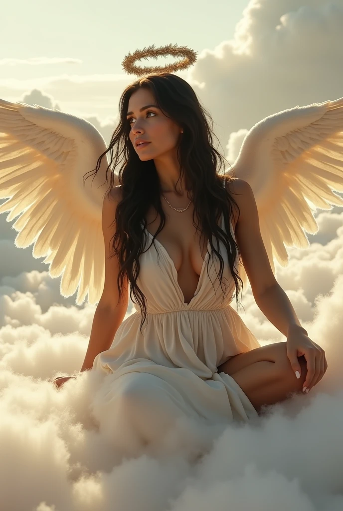 ((best quality)), ((masterpiece)), (detailed), realistic,nude Indian women angel ,30 year, wearing no cloths, nude, white wings large,seductive smile,rounded medium breasts,pale white skin,chubby, visible vagin, seductive smile, nude, dark brawn Long flowing hair,alluring succubus, ethereal beauty, perched on a cloud, (fantasy illustration:1.3), enchanting gaze, captivating pose, delicate wings, otherworldly charm, mystical sky, (Luis Royo:1.2), (Yoshitaka Amano:1.1), moonlit night, soft colors, (detailed cloudscape:1.3), (high-resolution:1.2)