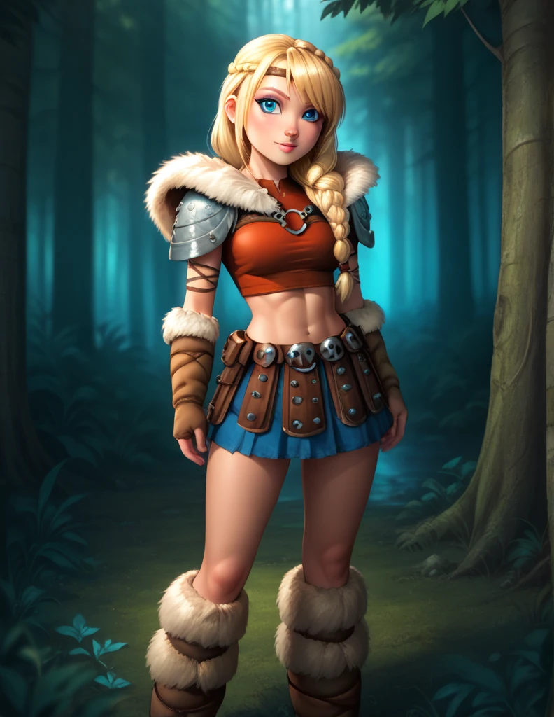 score_9, score_8_up, BREAK, ASTRIDHOFFERSON, 1girl, solo, blonde hair, braid, Long hair, blue eyes, fur trim, shoulder armor, crop top armor, pauldron, depth of field, forest, microskirt, full body