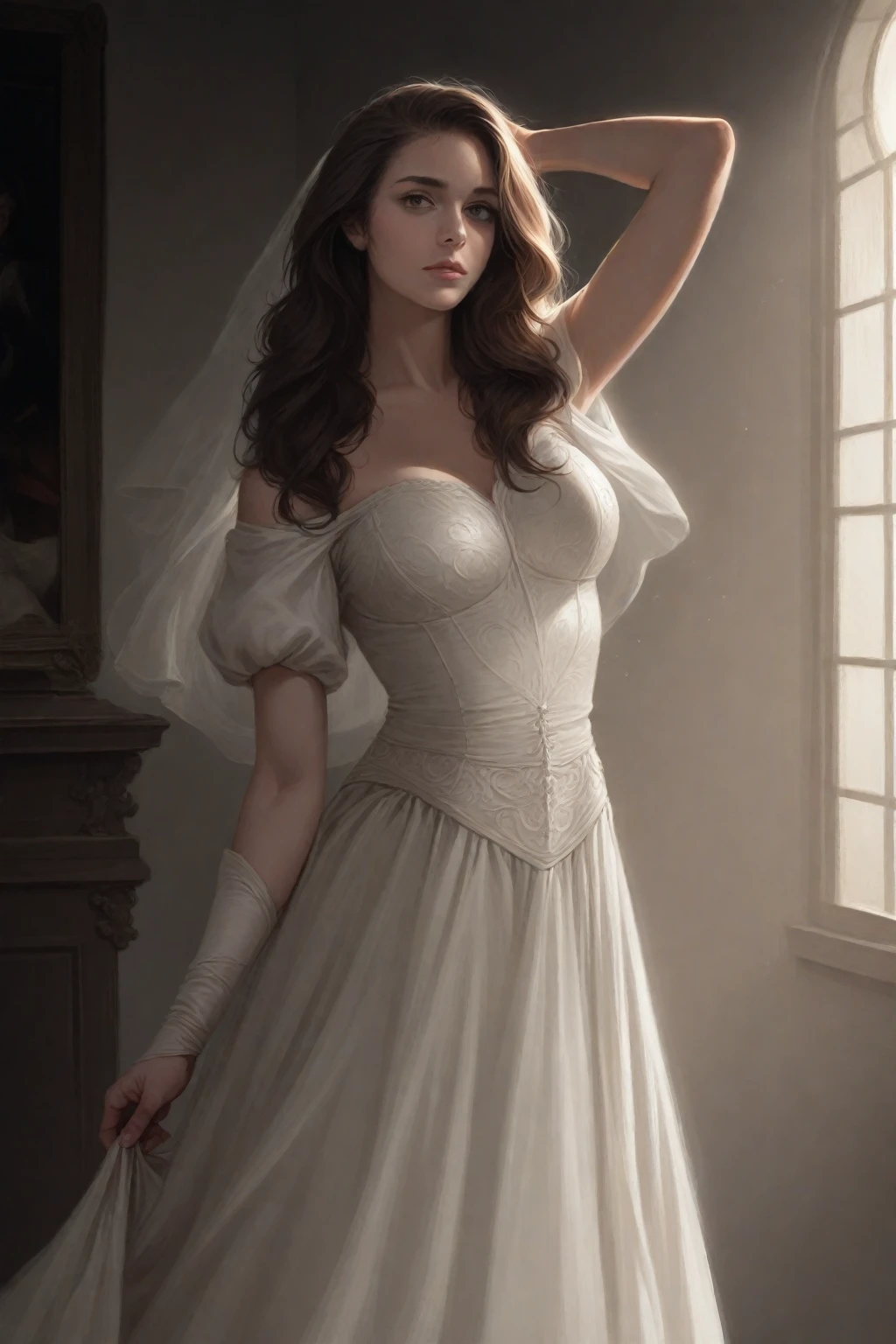 a sensual woman in a provocative medieval dress, full body shot, long brown hair, voluptuous body, provocative, (best quality,4k,8k,highres,masterpiece:1.2),ultra-detailed,(realistic,photorealistic,photo-realistic:1.37),elegant medieval style,dramatic lighting,dramatic pose,cinematic composition,rich color palette,chiaroscuro lighting,volumetric lighting,dramatic atmosphere