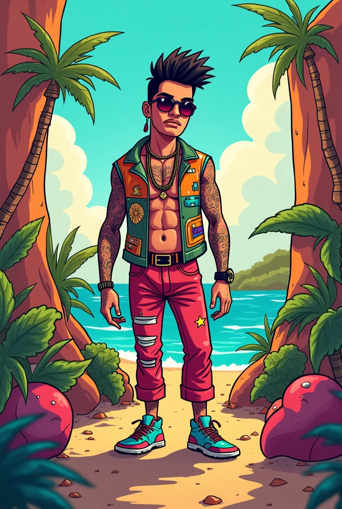 A man, in a dynamic pose, cap, Glasses, shirtless, designed by gucci::3, tumblr, inspired by Yanjun Cheng style, Digital art, meme lofi internet girl, trend in this, catalog photo, 3D rendering beep, He wears no pants, cartoon style illustration, bright pastel colors, a beautiful art illustration, retro anime girl --ar 2:3 --q 2