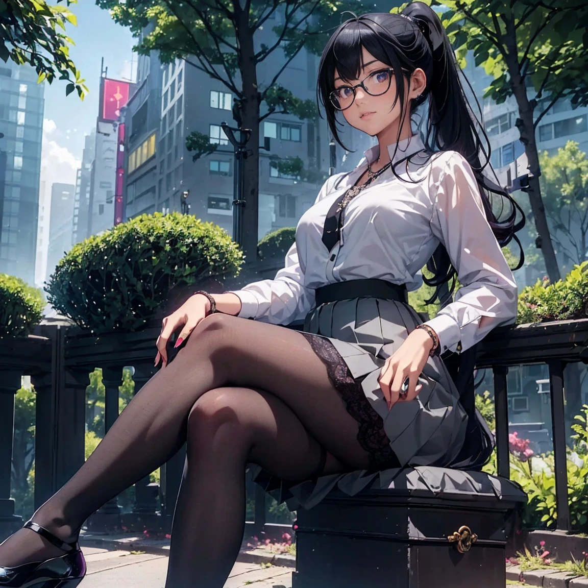 ((rikka sumeragi, rikka_sumeragi, long hair, black hair, hair with white streak, ponytail, glasses, purple eyes)), (( park, ((gray skirt, lace shirt)), transparent shirt, black bra, pantyhose, high heels, sitting, legs crossed, bracelets, bushes, trees, flowers, city in the background, emerald necklace, night, smug))