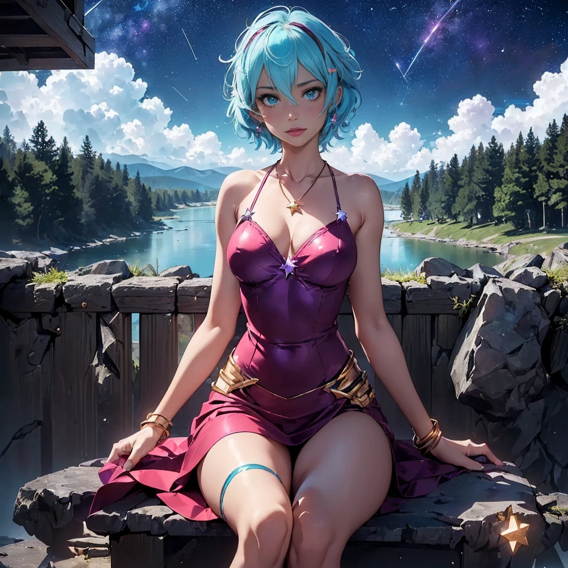 ((1girl, solo ,alone)), ((solo, 1woman, (pink lipstick, ( sinon1, light blue hair, short hair, light blue eyes, small bust ), woman, lipstick), Extremely detailed, ambient soft lighting, 4k, perfect eyes, a perfect face, perfect lighting, a 1girl)), ((solo, (1woman, lipstick), Extremely detailed, ambient soft lighting, 4k, perfect eyes, a perfect face, perfect lighting, a 1girl)), , ((fitness, , shapely body, athletic body, toned body)) , (( red dress, high heels, high heel boots, fine jewelry, gold bracelets, pier, river, forest, full moon, flowers, Victoria Regia, panoramic view, viewpoint, sitting, legs crossed, small bust, clouds, amethyst necklace, stars, milky way, shooting star))