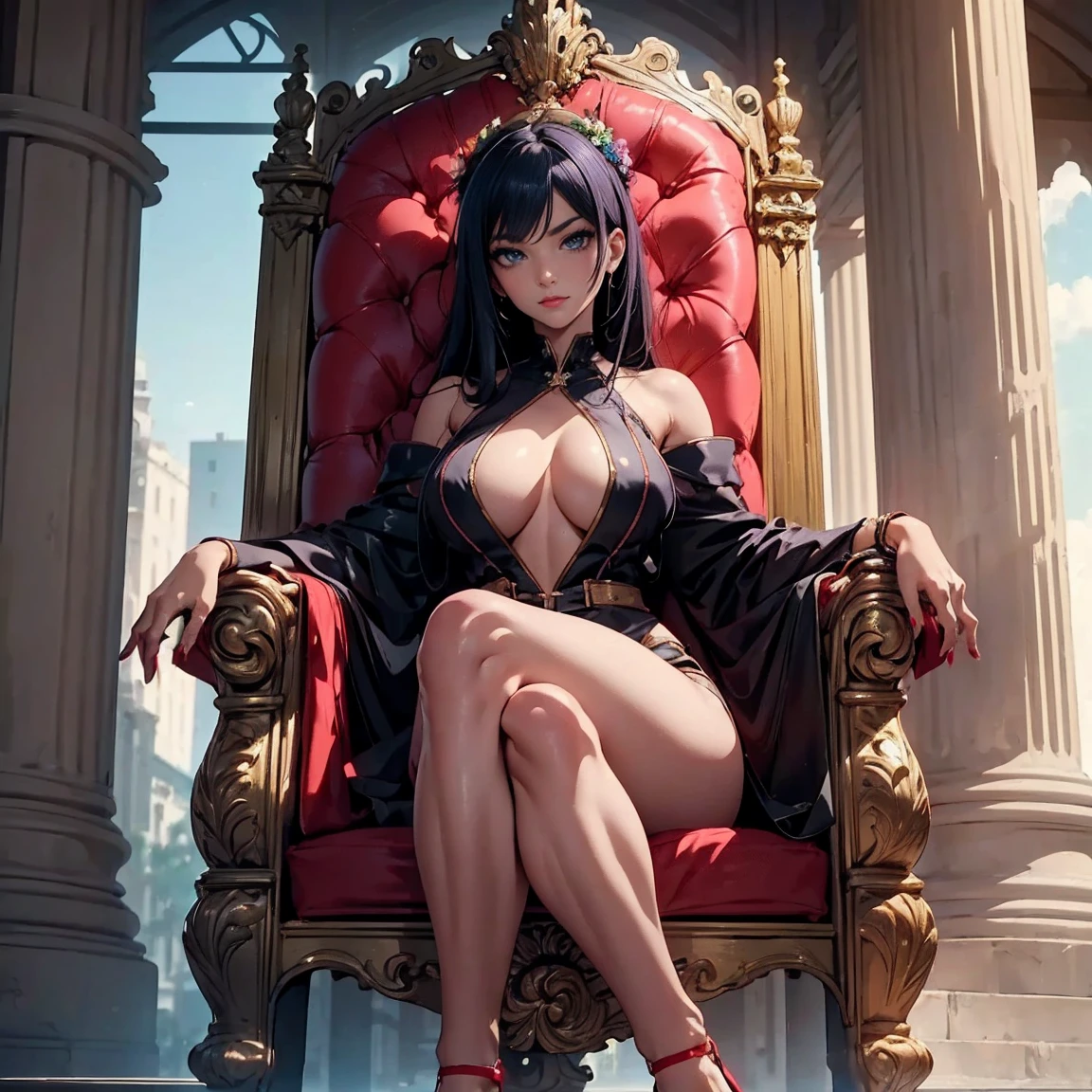  ((fitness, , shapely body, athletic body, toned body)), ((marble balcony, sitting on a throne, sitting cross-legged, legs crossed, high heels, mischievous, red lipstick ))
purple kimono,floral print,japanese clothes,wide sleeves,long sleeves,
cleavage, 
purple eyes, black hair,bangs,hair bun,
1 girl, 20yo,Young female,Beautiful long legs,Beautiful body,
Beautiful Nose,Beautiful character design, perfect eyes, perfect face,expressive eyes,perfect balance,
looking at viewer,(Focus on her face),closed mouth, (innocent_big_eyes:1.0),(Light_Smile:0.3),
official art,extremely detailed CG unity 8k wallpaper, perfect lighting,Colorful, Bright_Front_face_Lighting,White skin,
(masterpiece:1.0),(best_quality:1.0), ultra high res,4K,ultra-detailed,
photography, 8K, HDR, highres, absurdres:1.2, Kodak portra 400, film grain, blurry background, bokeh:1.2, lens flare, (vibrant_color:1.2),professional photograph,
(Beautiful,large_Breasts:1.4), (beautiful_face:1.5),(narrow_waist),