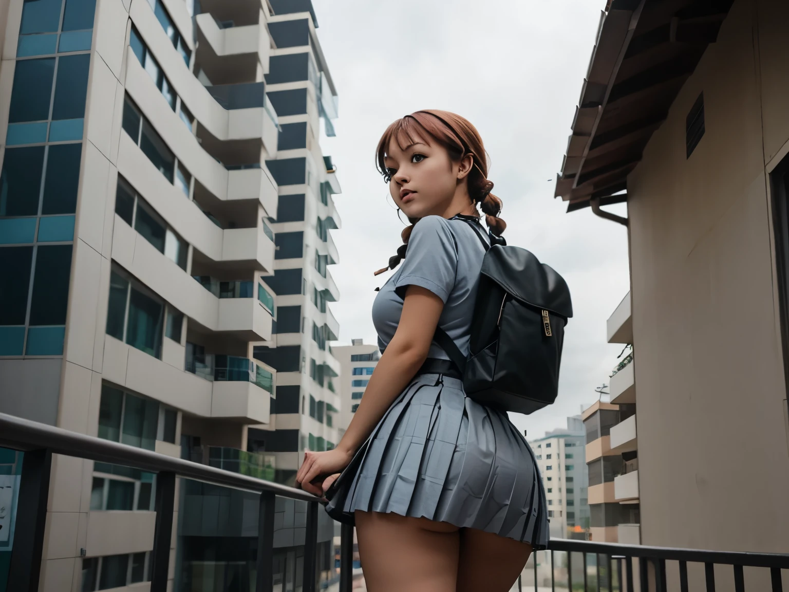 a beautiful blonde schoolgirl, twintail hairstyle, with a small backpack on her back, wearing a very short gray pleated miniskirt, leaning on a railing of a building, carrying her body with her ass up, there is a lot of wind blowing and lifting her skirt, and she shows everything her ass, she has a big ass (the wind lifts her skirt and shows her big ass)