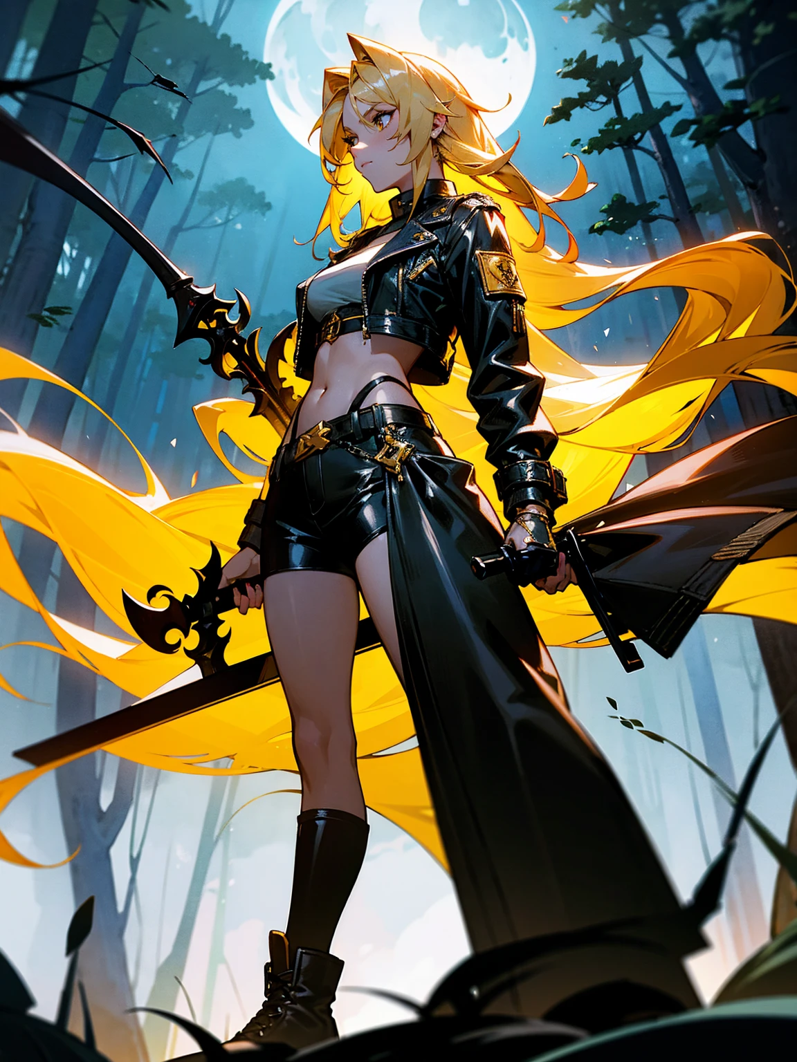 "1girl with shoulder-length wavy blonde hair, skew cut bangs, and heterochromia (one green eye and one gold eye) wearing a black assassin outfit. She is holding a dagger and has a tattoo on her shoulder."