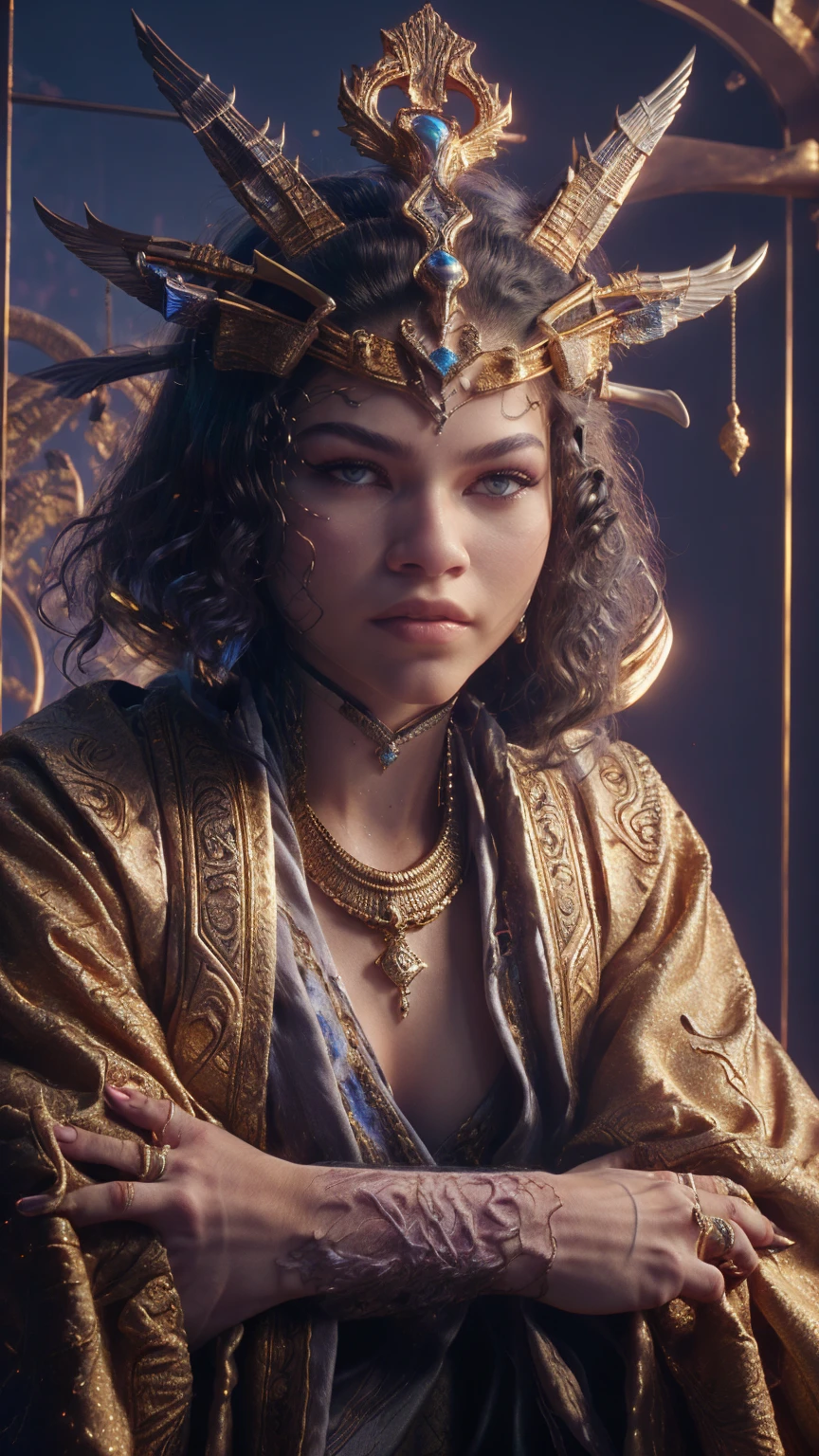 (masterpiece, best quality, highres:1.2), 1girl, solo, ultra-detailed, photorealistic anthropomorphic animal, Pharaoh, Egypt, Bastet, Egyptian goddess, pharaoh woman, cat girl, cat sphinx, ebony skin, dark skin tone, Zendaya's sharp facial features, athletic yet curvy physique, long, curly hair, monster girl, furry, detailed body, detailed hands, correct fingers, sassy and confident expression, Egyptian-themed bedroom, luxurious silk cloth, golden jewelry, mesmerizing red eyes, mysterious aura, sharp claws, vibrant colors