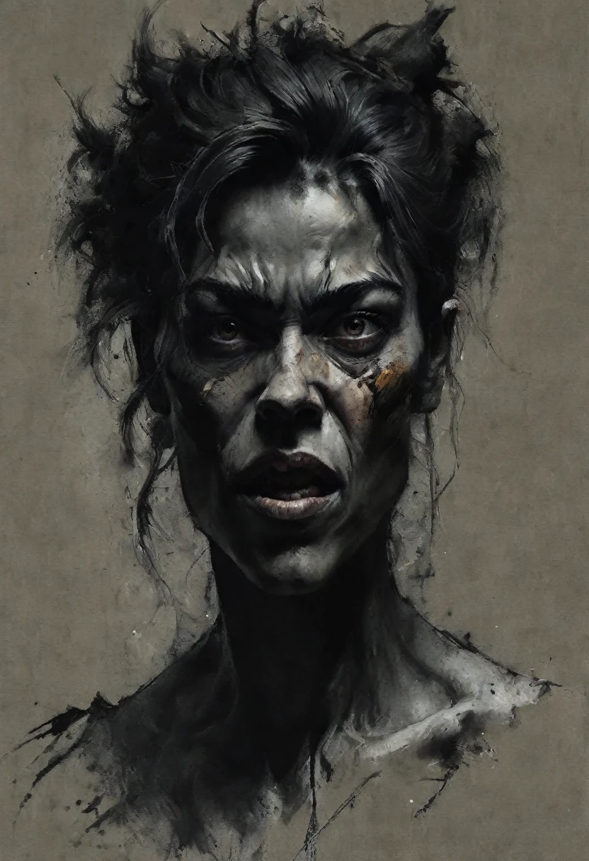 a creepy figure with messy hair and grin, portrait, denis forkas painting style, graphite technique on old paper style, professional illustration, best quality, 4k, 8k, highres, masterpiece:1.2, ultra-detailed, realistic, photorealistic, photo-realistic:1.37, HDR, UHD, studio lighting, ultra-fine painting, sharp focus, physically-based rendering, portrait, black background, rust, splattered ink, scratches textures, melting ink, 