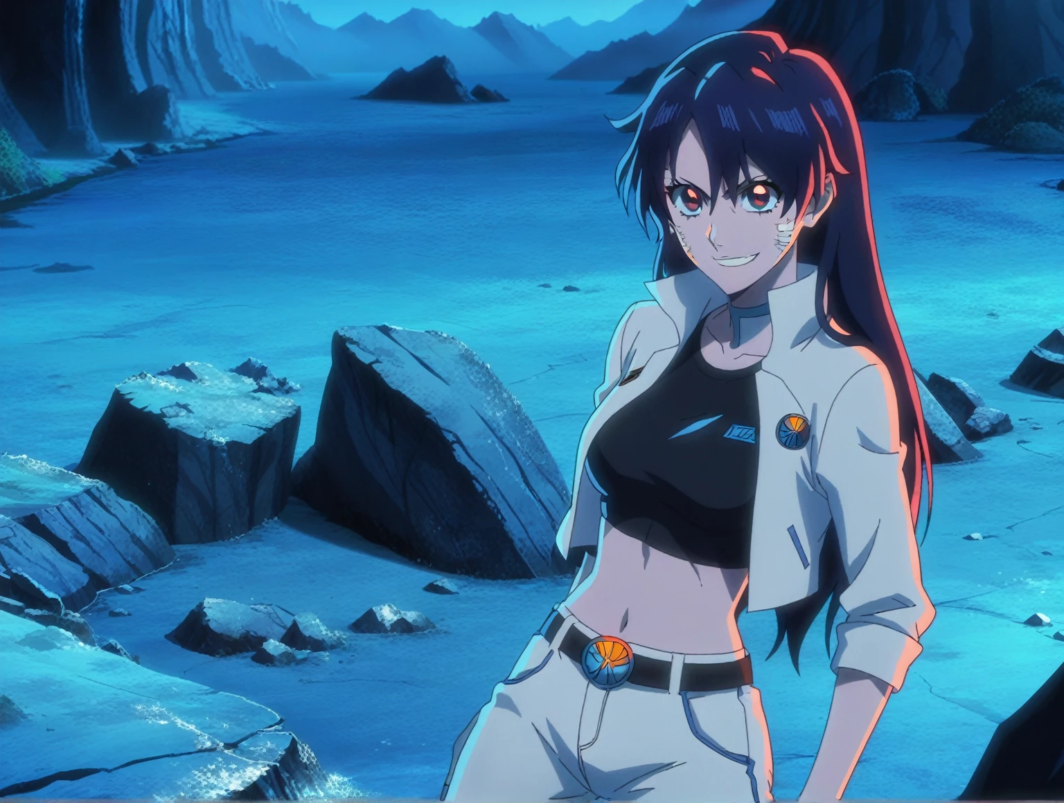 score_9, score_8_up, score_7_up, source_anime, anime screencap, canyon background, 1girl, solo, full-body, bambietta, long hair, medium breasts, blue jacket, teku logo, black crop-top, midriff, blue jeans, belt, looking at viewer, eye contact with viewer, smile, racing suit, white stripes, canyon background, night