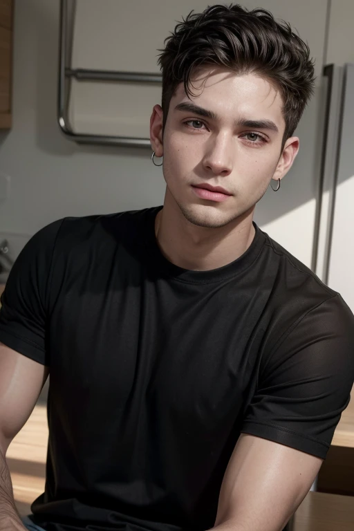 A man (19yrs old) with black hair layered curtain haircut (boy) and blue eyes, kinda chiseled face, brown eyebrows, hot, piercing eyes, tall (6’2) strong jaw, pretty with a bit of feminine features.