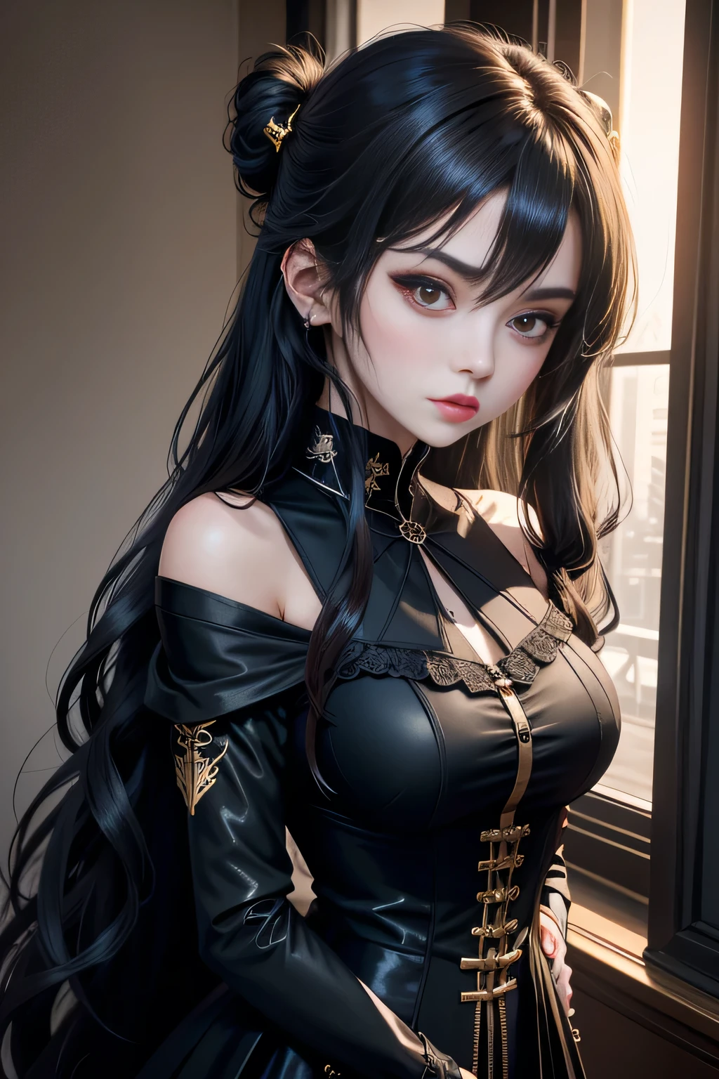 Anime girl sitting in front of wall with long black hair and tattoos,seductive anime girls,Beautiful anime woman,Beautiful anime girl,Fine details。Girl Front,beautiful and seductive anime woman,attractive anime girls,Anime girl with long hair,From the girls' front,detailed digital anime art,An anime girl,a beautiful anime portrait,girls frontline style,animeaesthetic。