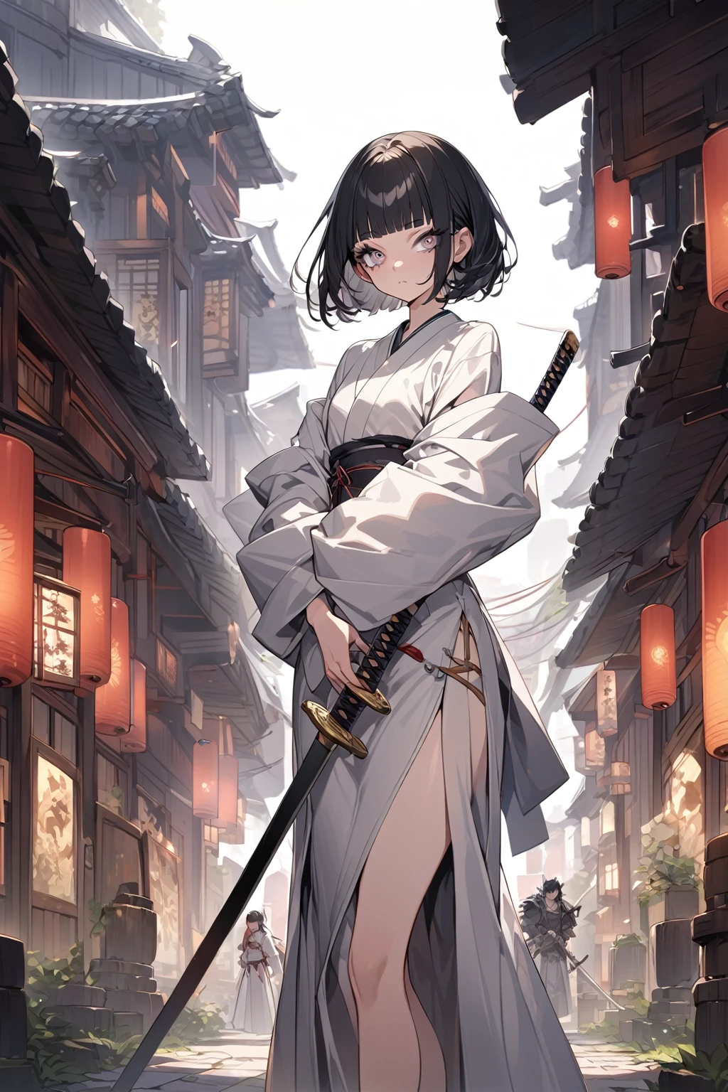 (masutepiece, Best Quality, Highly detailed, ultra-detailliert, High resolution, absurderes, 4K, 8K),1girl in,Japanese,Short hair, Straight hair, Hakama, haori,Iai,Iai, Serious ,The upper part of the body,Dynamic Angle, (unsheathing),(Japanese Sword:1.3),Stance of swordsmanship,Guru's Realm,battle field,Scene of the decisive battle,Swinging a sword,Detailed finger,Focused,grass field,moonlights,A detailed eye,Beautiful eyes,Spread and hold your legs,Detailed legs,Hachimaki,Holding the sword with both hands