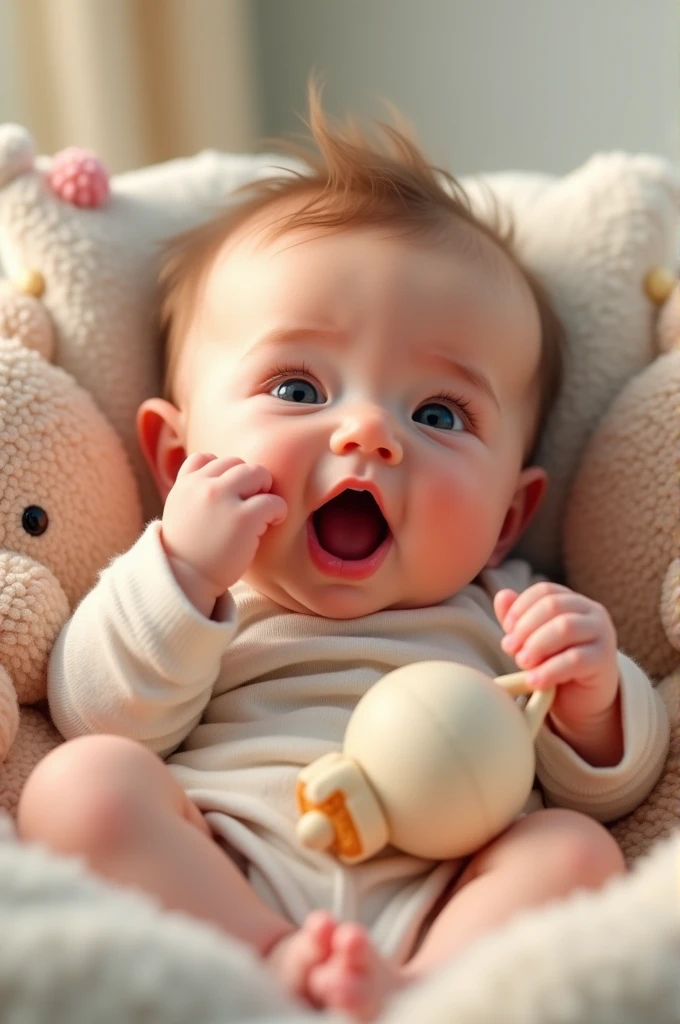 on a light background, Funny Newborn Baby , rosy-cheeked, Very fat, The eyes are blue, smiles and looks at the viewer, holds a pacifier, in a white basket, snow-white on the sides , transparent blue lace, frill, next to a blue flower of a white lotus, covered with a transparent veil, a transparent pink on the side of the head , 8 K (masterpiece), ((top quality)), (super detailed), arms and legs folded funny, makes you smile , holds a blue pacifier,