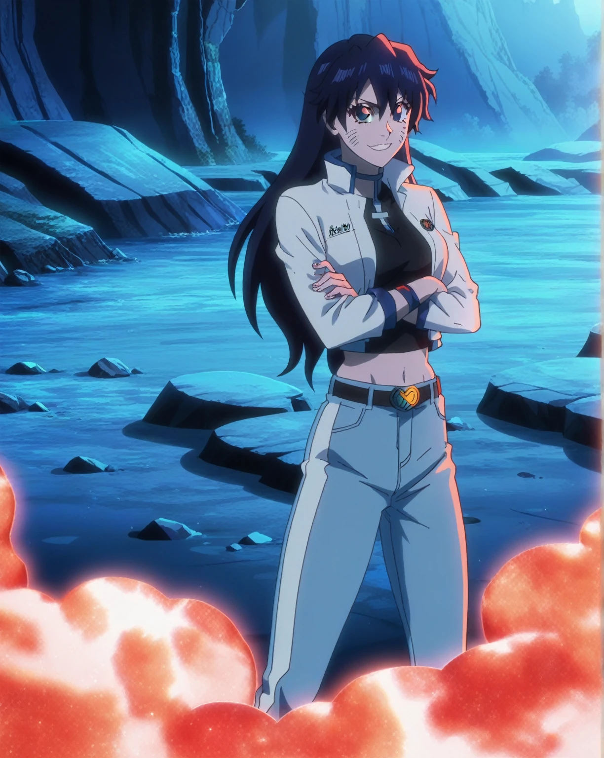 score_9, score_8_up, score_7_up, source_anime, anime screencap, canyon background, 1girl, solo, full-body, bambietta, long hair, medium breasts, blue jacket, teku logo, black crop-top, midriff, blue jeans, belt, looking at viewer, eye contact with viewer, smile, racing suit, white stripes, canyon background, night