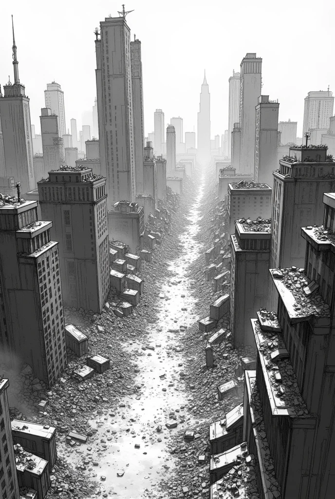Comic style drawing of a completely destroyed city in which human skeletons appear on the ground