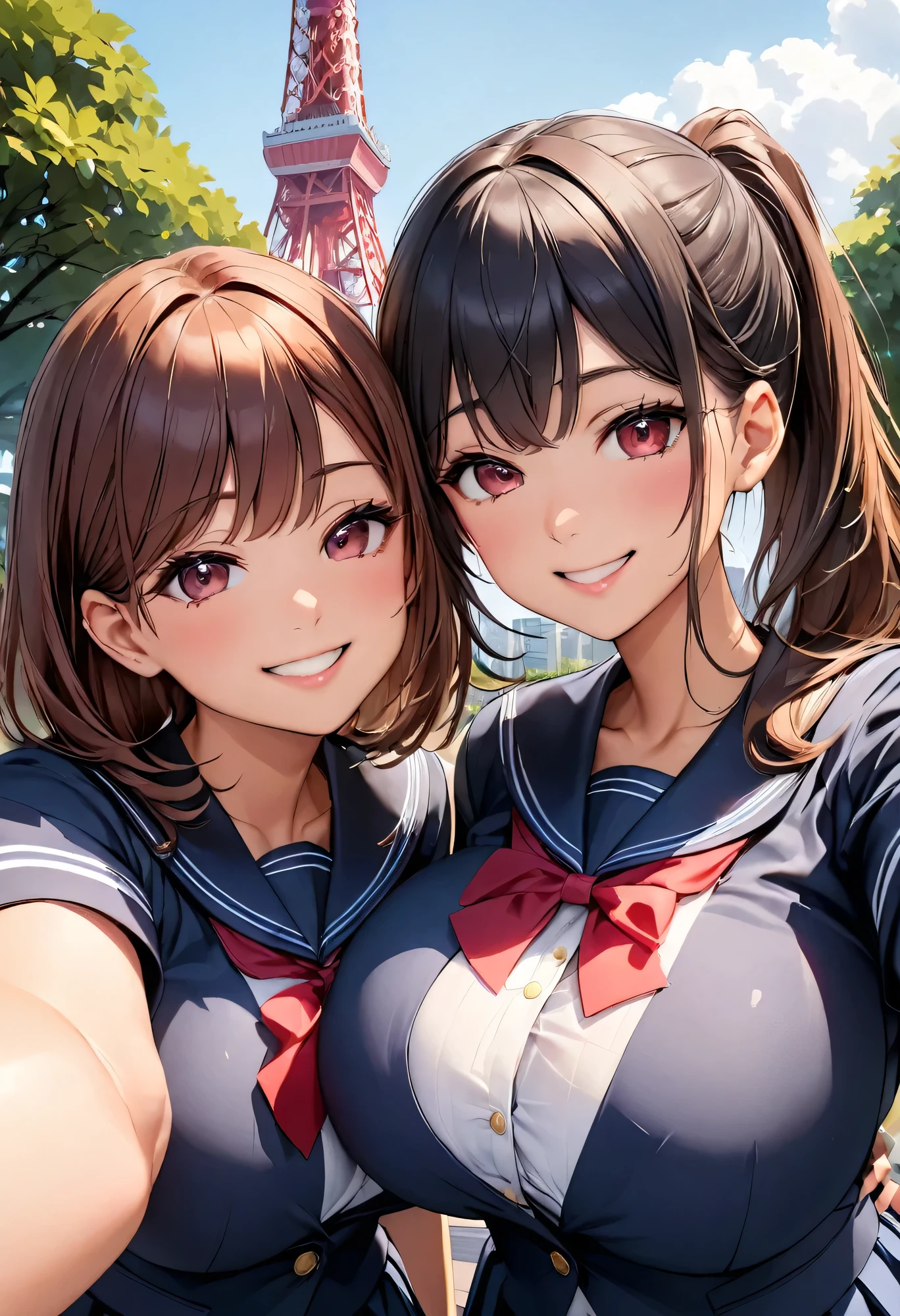 Best Quality、High resolution、Ultra HD、masterpiece、Detailed Background、Realistic、RAW Photos、(Beautiful face in every detail:1.4)、Highly detailed face、Anatomically correct、(Normal number of fingers:1.3)、Detailed red eyes、age beauty、(Huge breasts:1.2)、Perfect body line、Brown Hair、Black Hair、ponytail、Braided bob cut、Twin tails、Shiny navy blue sailor suit、White sailor collar、Pleated skirt、White knee-high socks、JK uniform、School trip、A fun atmosphere、A playful feeling、cute gestures、A big smile、Touching my chest playfully、smile、
(Two beautiful girls taking a selfie with a famous spot in the background:1.5)、
(Close up from below:1.5)、
Odaiba Marine Park、Rainbow Bridge、Tokyo Skytree、Tokyo Tower、cute