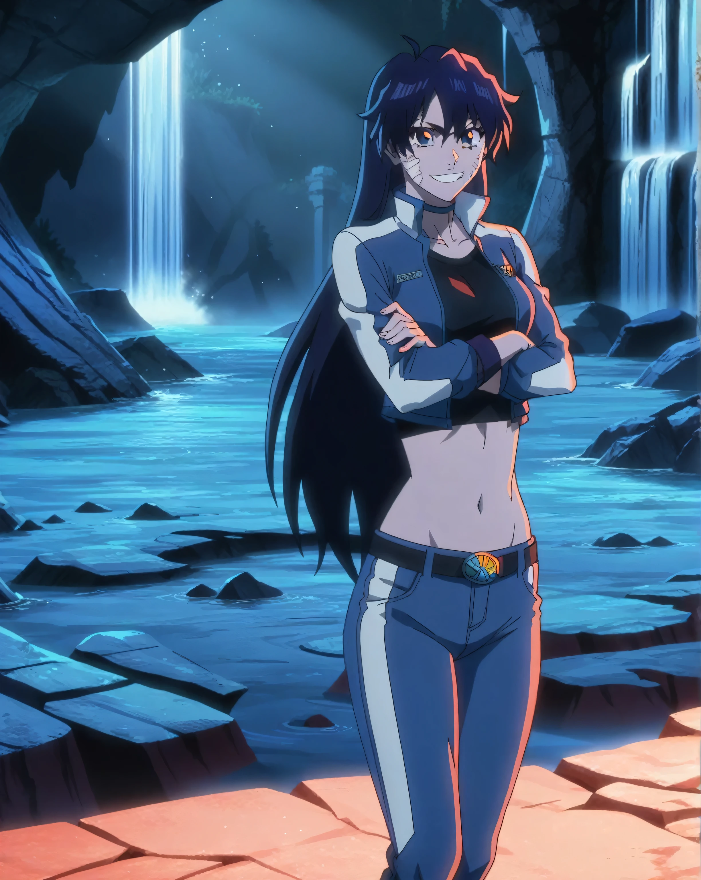 score_9, score_8_up, score_7_up, source_anime, anime screencap, canyon background, 1girl, solo, full-body, bambietta, long hair, medium breasts, blue jacket, teku logo, black crop-top, midriff, blue jeans, belt, looking at viewer, eye contact with viewer, smile, racing suit, white stripes, canyon background, night