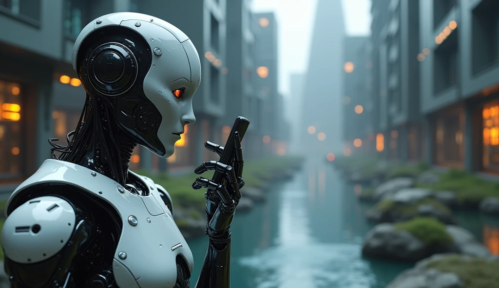Help me draw robots that are everywhere providing customer service to analyze customers for businesses in 2050